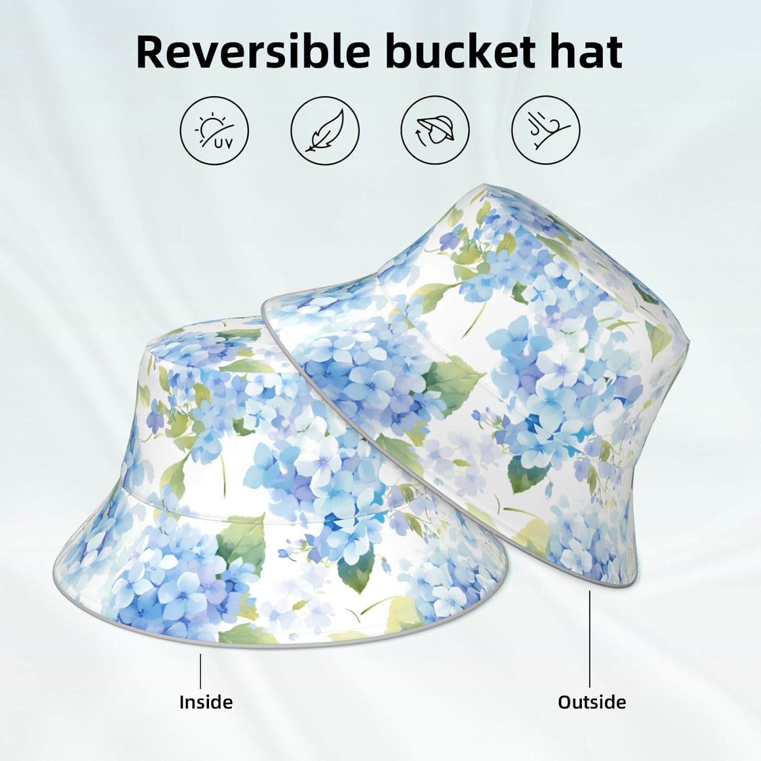 Reflective Double-Sided Bucket hat Hydrangea Watercolor Prints Foldable for Beach, Camping Black