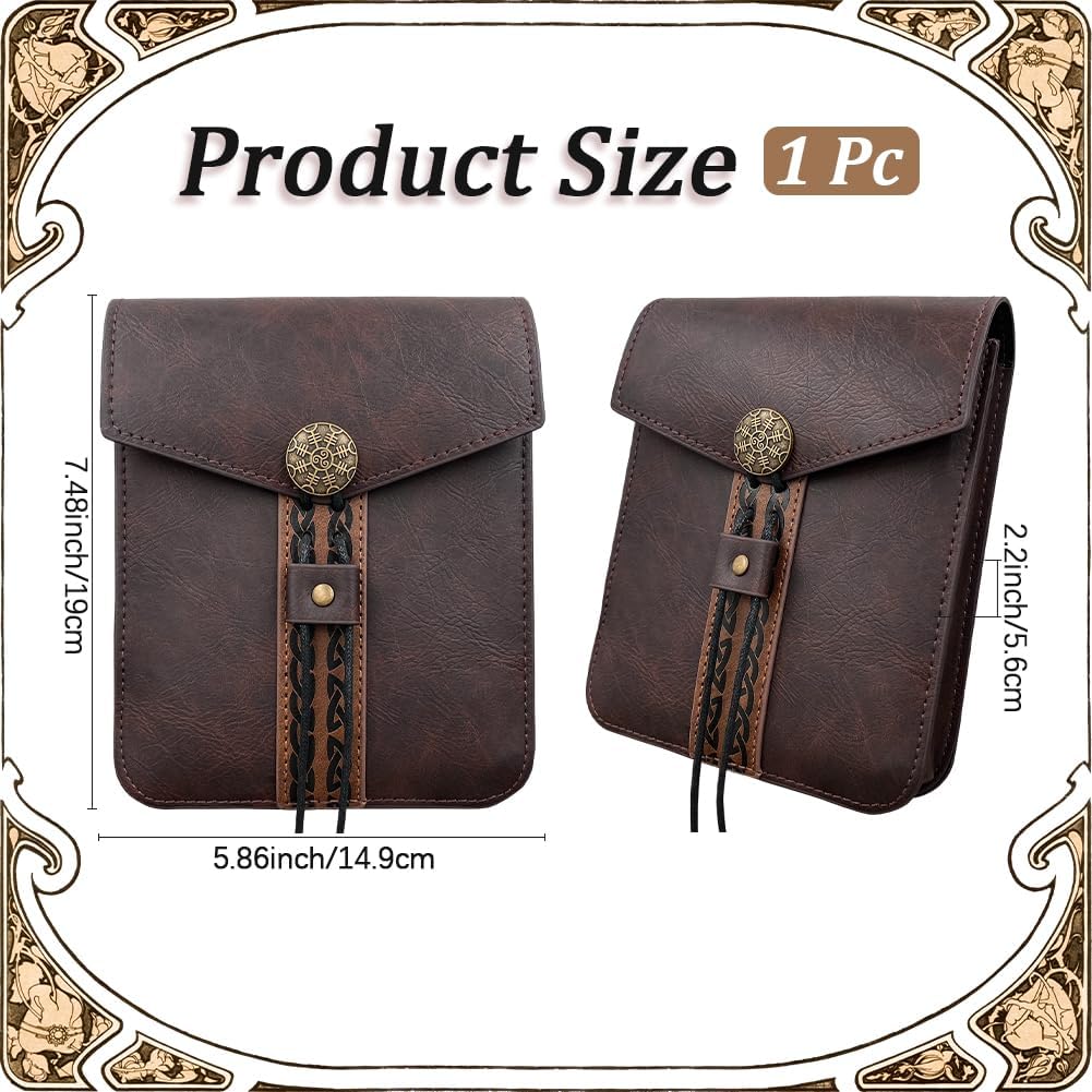 Vintage PU Leather Waist Bag Retro Late Medieval Leather Belt Pouch Portable Viking Brown Side Pack Waist Bag Renaissance Accessories for SCA LARP Reenactment & Ren Faire Halloween Costume - Image 2