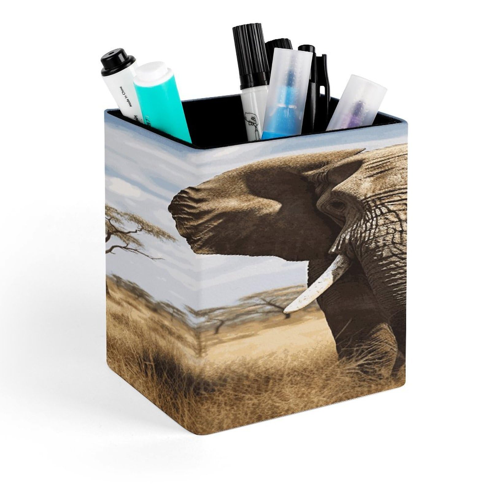 FekiLoot Elephant Pencil Holder for Desk Square Leather Pen Holder Cup Desktop Organizer Multi-Functional Pencil Cup Holders Modern Decorative Desk Organizer Caddy Makeup Brush Holders