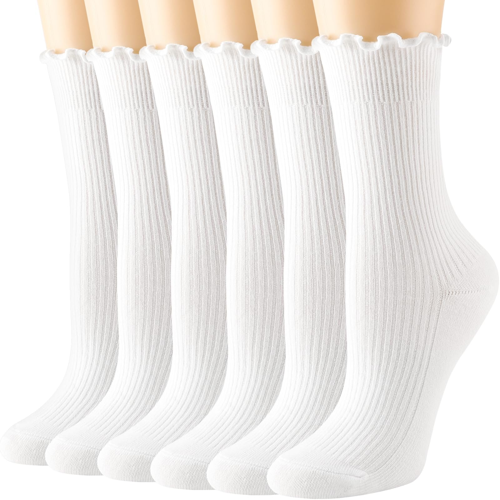 DRESHOW Womens Ruffle Socks Cotton Turn-Cuff Casual Ankle Socks Breathable Lettuce Crew Knit Frilly Sock 6 Pack