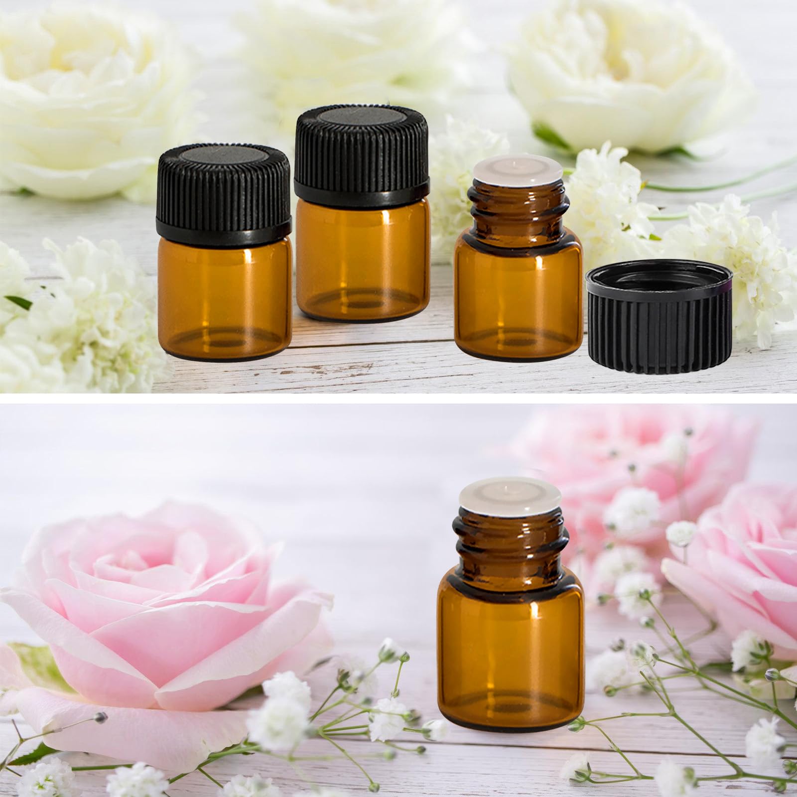 Mini Bottiglie Per Oli Essenziali: 100 Pezzi Flaconi in Vetro Marrone, Flaconi Vuoti Marroni con Etichetta, Imbuto e Apribottiglie, per Aromaterapia e Massaggi (1ml Marrone)