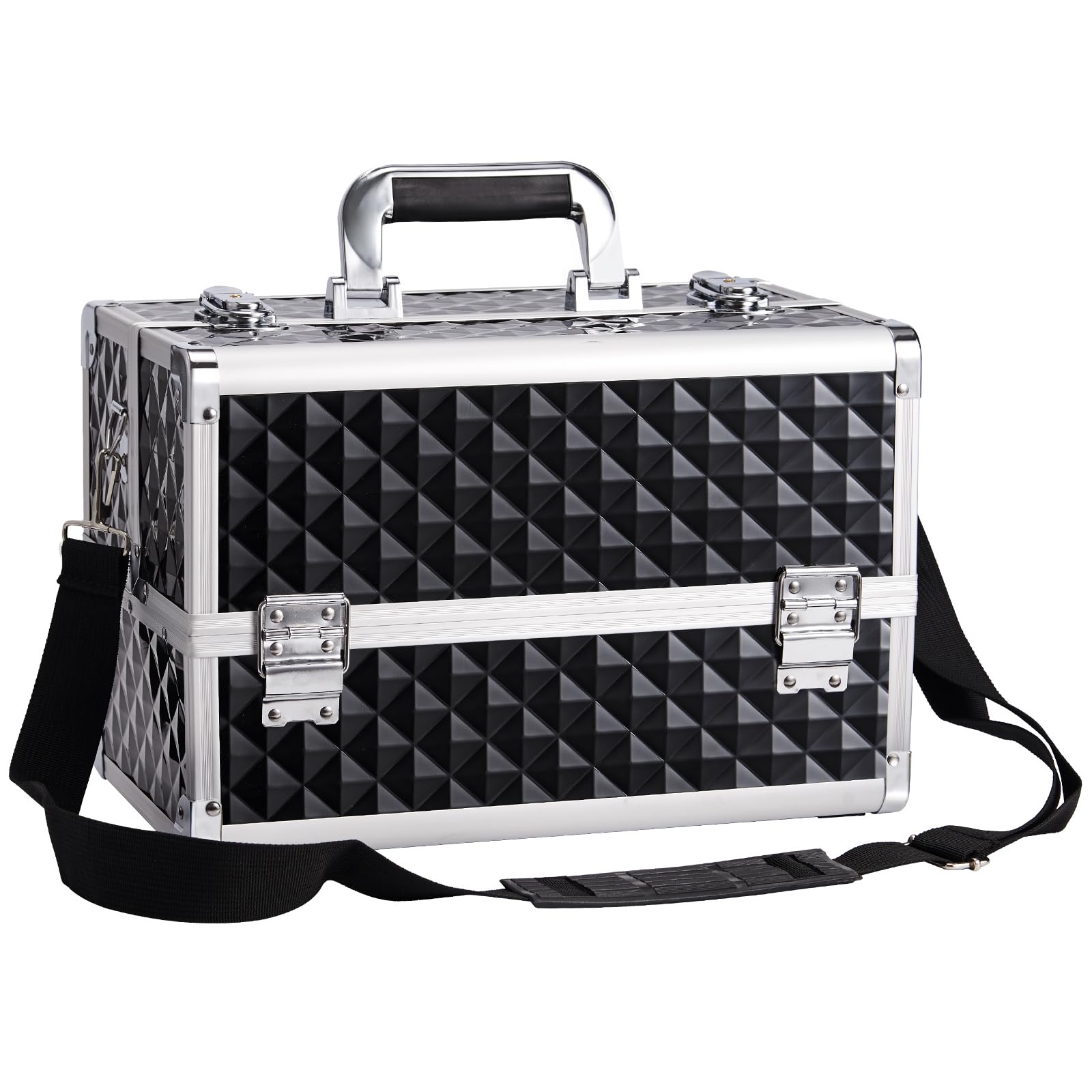 Joligrace Large Makeup Organiser Box Makeup Vanity Case Cosmetic Cases 4 Trays with Shoulder Strap Clasp Locks with Keys (Black)