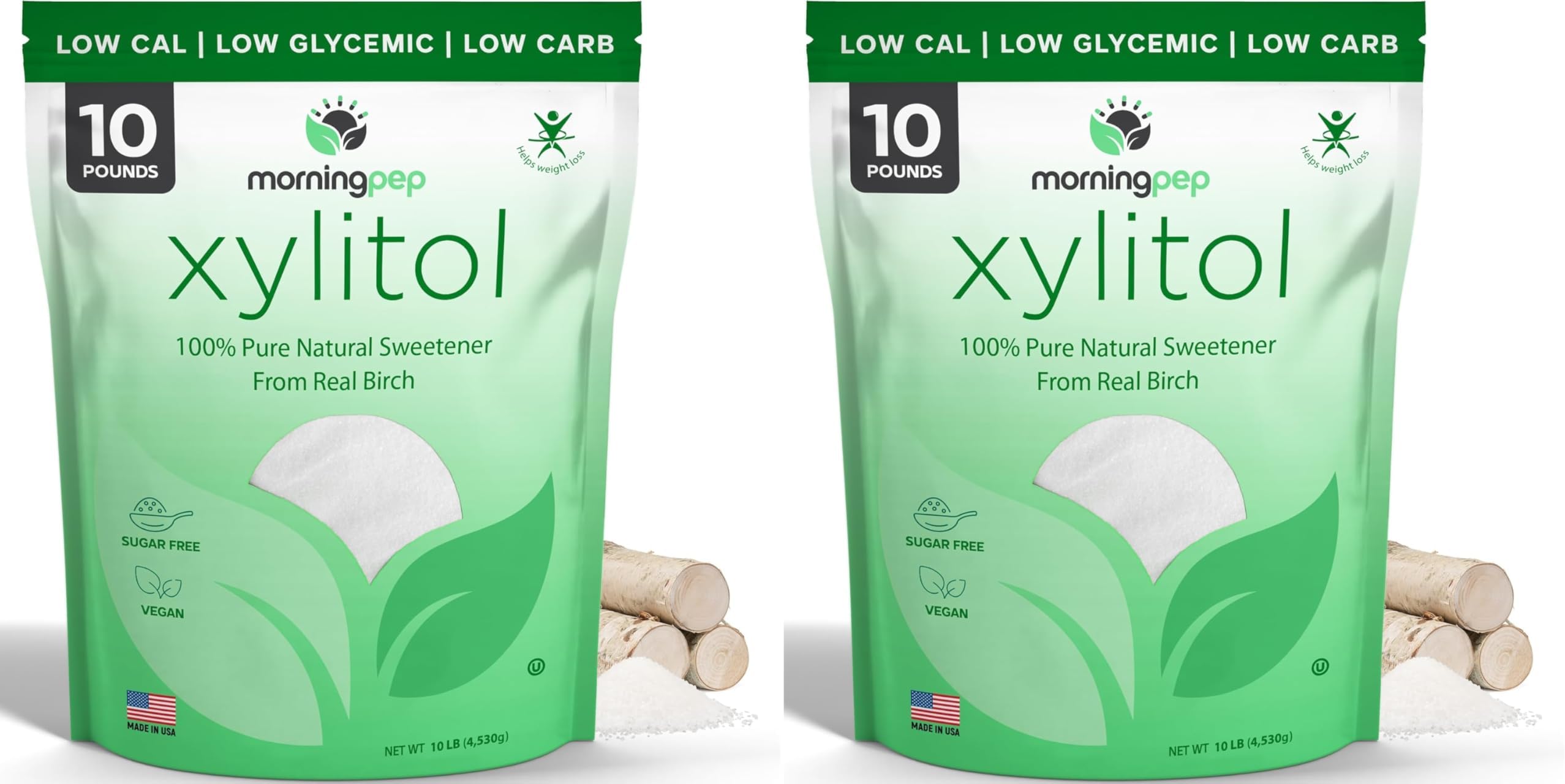 Pack of 2 Morning Pep Pure Birch Xylitol (Keto Diet Friendly) Sweetener with no Aftertaste Bulk Size 10 LBs (Not from Corn) Non GMO Kosher Gluten Free Product of USA. Total 20 Lbs (320 OZ)