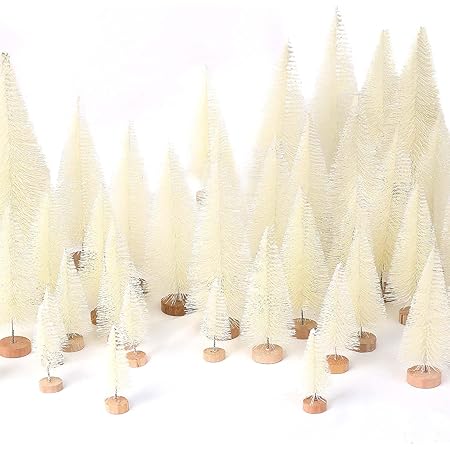 30Pcs Mini Christmas Trees Artificial Christmas Tree Bottle Brush Trees with Wooden Base for Christmas Decor Christmas Party Home Table Craft Decorations(Beige)