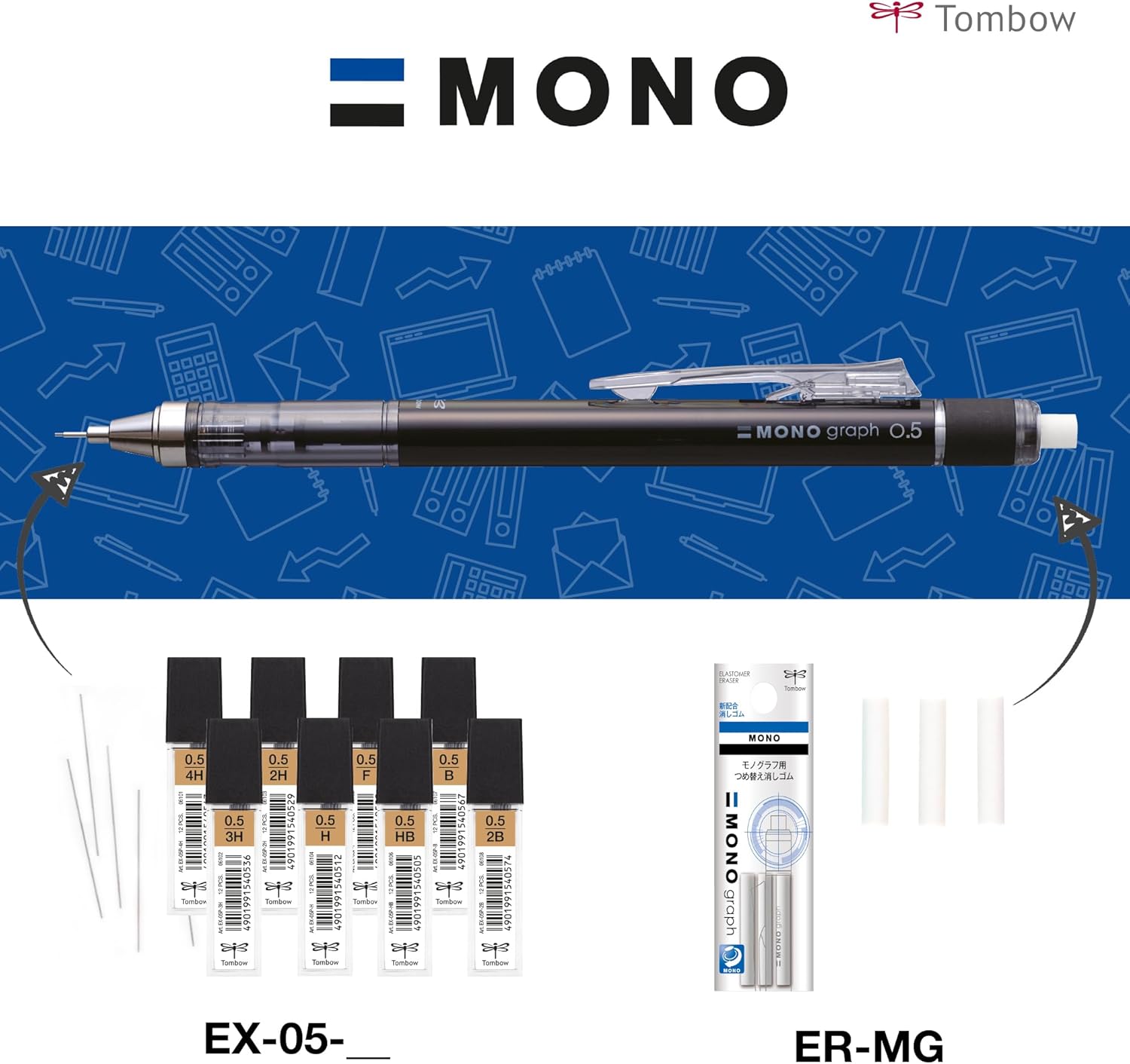 Tombow Mechanical Pencil MONO Graph 05 Matte Grey, 0.5 mm Line Width, HB, Integrated Refillable Eraser [SH-MG72]
