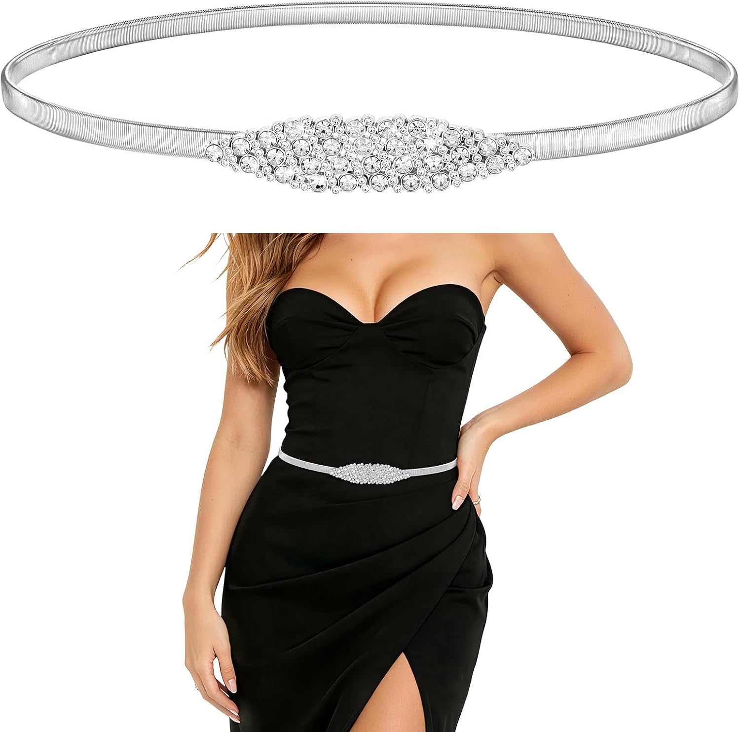 Women's Skinny Elastic Belt Thin Metal Stretch Waist Belt for Dress Sliver/Gold Cinch Belts