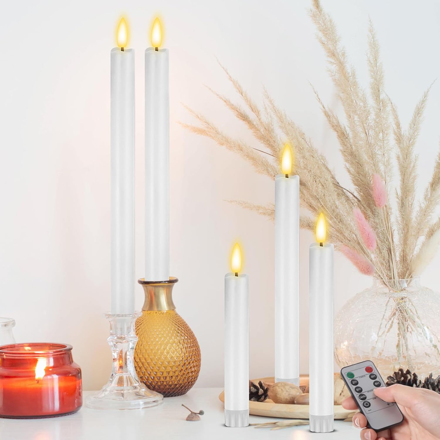 20 Pcs Flameless Taper Candles with Remote Battery Operated Taper Candles Include 6.5'' 7.7 8.9 10 11.2 Fake LED Electric Candle Sticks for Valentine's Day Home Wedding Decor (White)