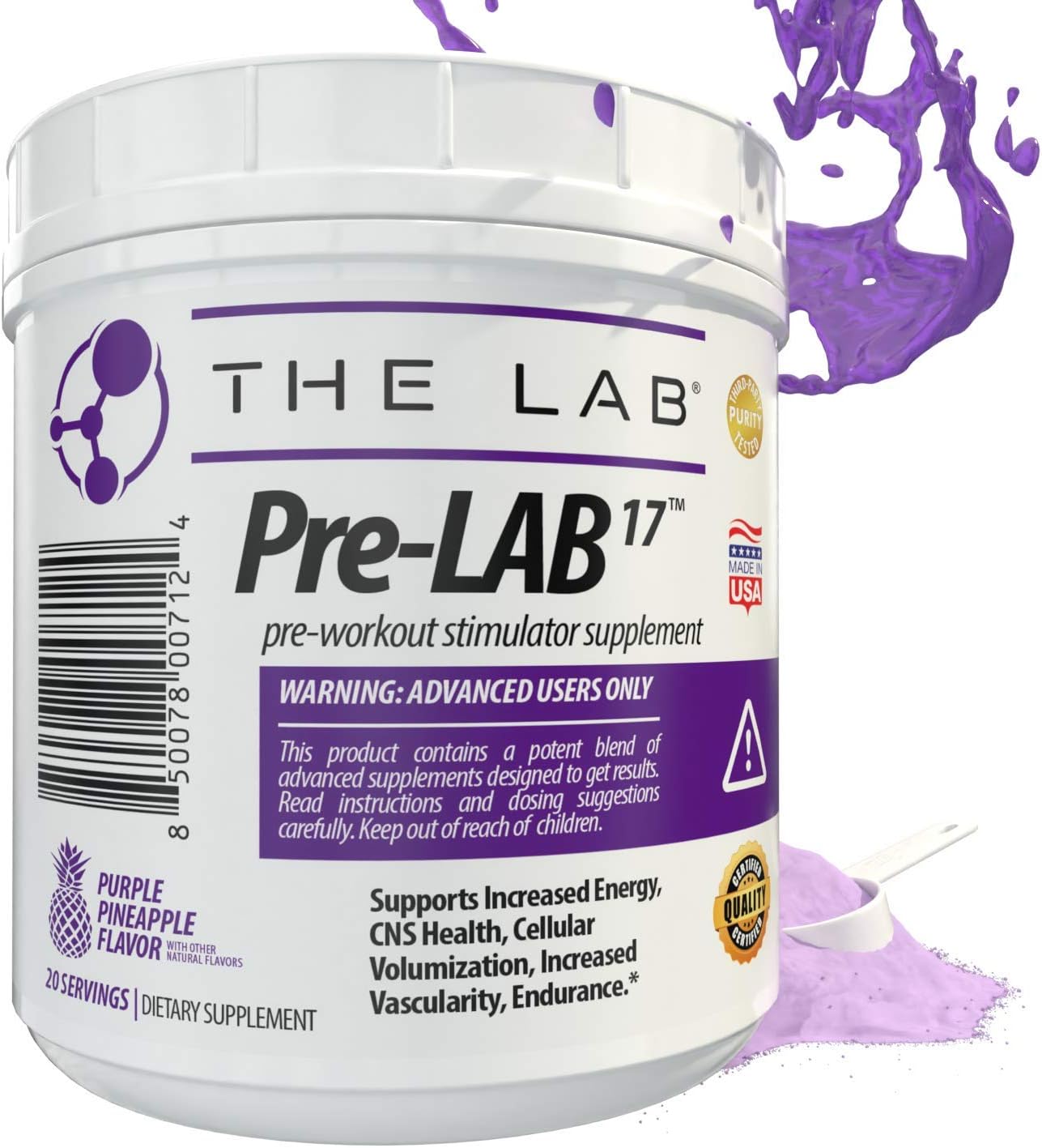 Pre-LAB17 Advanced Pre-Workout Supplement | Delicious Purple Pineapple Flavor | Supports Energy, Endurance, Focus, Drive, Vascularity | 20 Servings | Made in USA