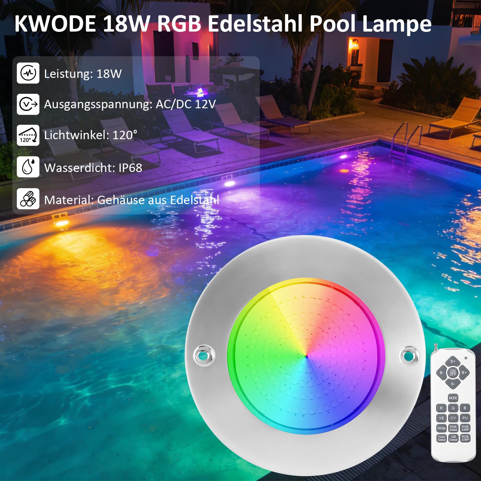 LED Poolbeleuchtung, 18W RGB Edelstahl Unterwasserscheinwerfer, IP68 Wasserdicht, Oberflächenmontage, 12V AC/DC Schwimmbad Lampe mit Fernbedienung, Für Schwimmbad/Landschaft Beleuchtung