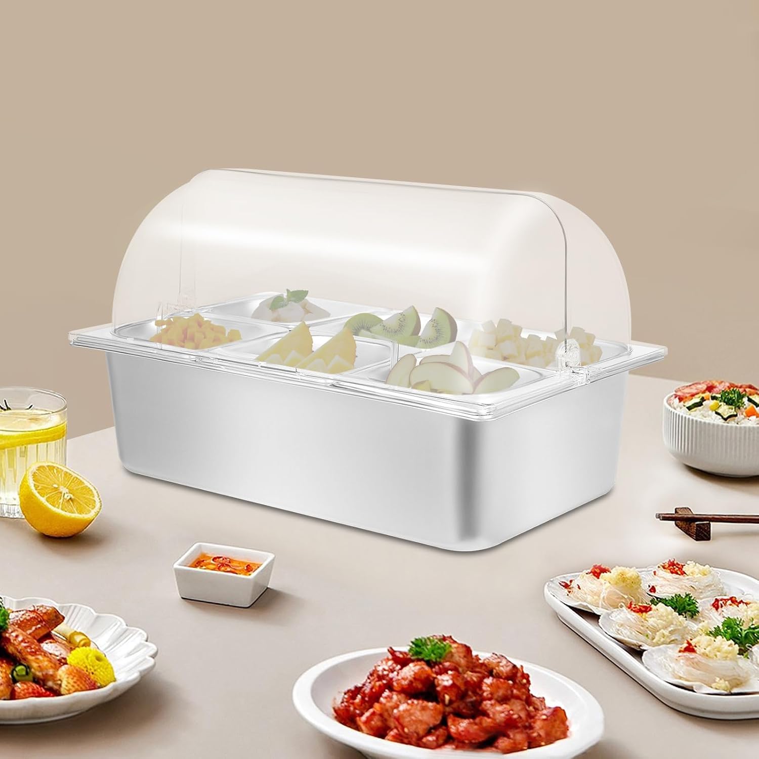 6-Pan Countertop Food Serving Display Container - Stainless Steel Buffet Tray with Clear Roll Top Cover - Ideal Salad Dressing Appetizer Fruit Cold Serving Station for Restaurant Hotel Kitchen Party