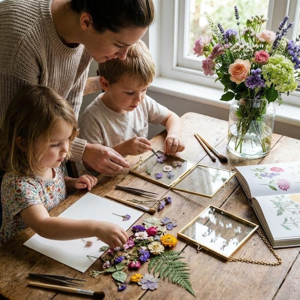 Dual Glass Pressed Flower Frames Stylish Metallic Home Decor,6 Pack 3x3 Floating Photo Frames with Metal Chain for Dried Flowers, Plants, Artwork Display, Horizontal Vertical Floating Picture Frame Sets,Golden