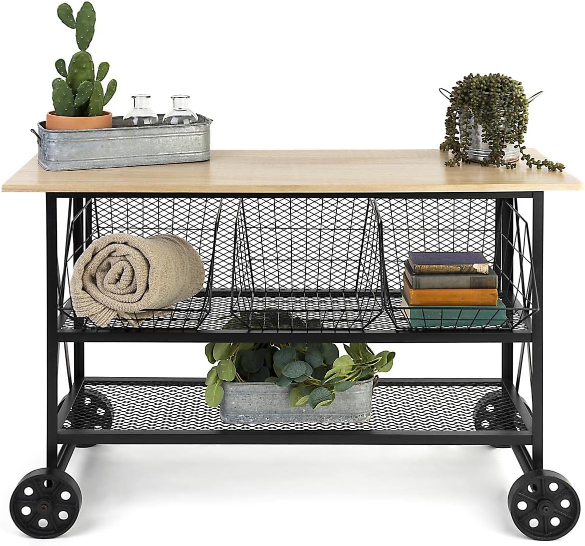 Displays2go Retail Cart w/Wheels, 47.25" W x 16.5" D x 32" H, Iron and Oak - Black (SMMMRC)