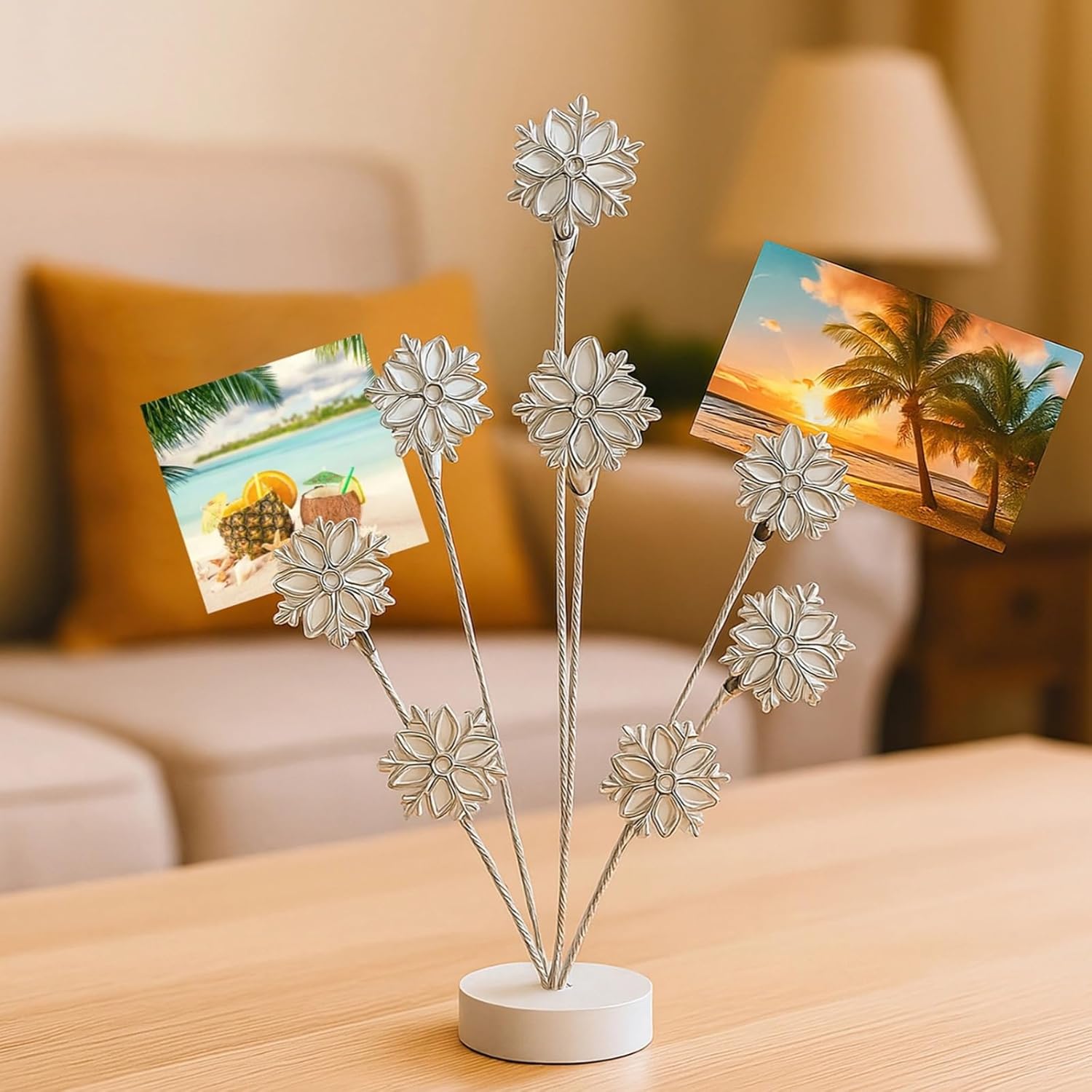 8-Branch Snowflake Family Tree Photo Stand, White Circular Base Design, Decorative Display For Home, Office, And Holidays