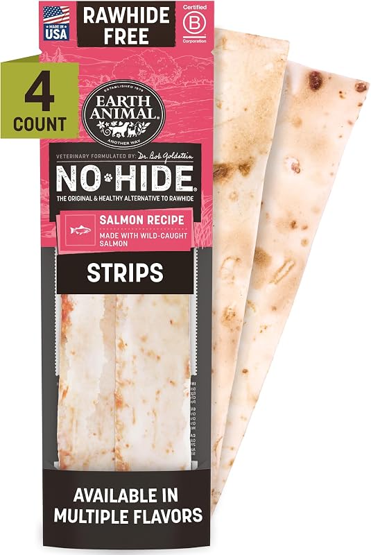 Petisco mastigável para cães Earth Animal No-Hide com salmão, sem couro bovino, pacote com 4
