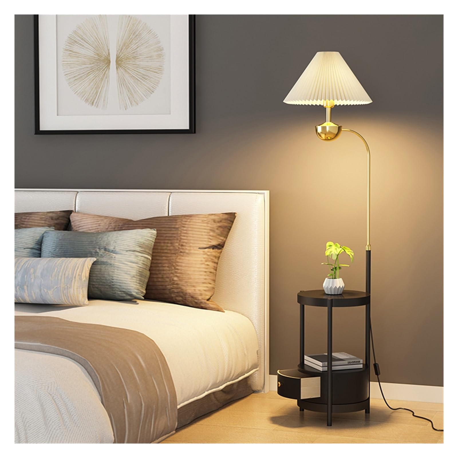 LJHFG63KUYT Standing Lamps Floor Lamp with Table, Narrow End with Lamps Attached with USB Ports Bedside Nightstand Decorate(Black)