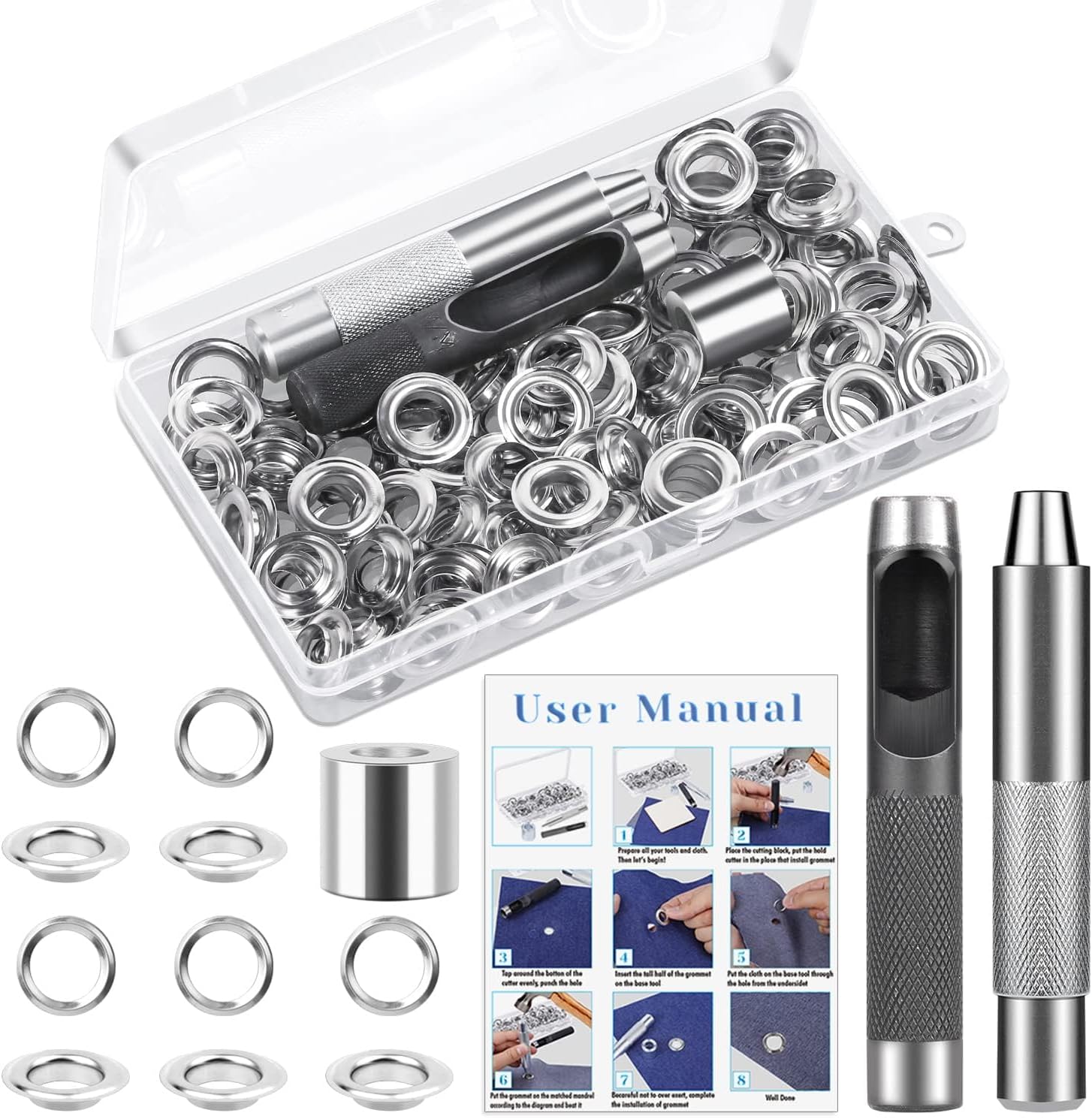 KASTWAVE 120 Sets Grommet Tool Kit 1/2 Inch, Grommet Eyelets Kit with Setting Tools and Storage Box, Suitable for Leather, Belt, Shoes, Crafts, Fabric, Tarps, Curtains
