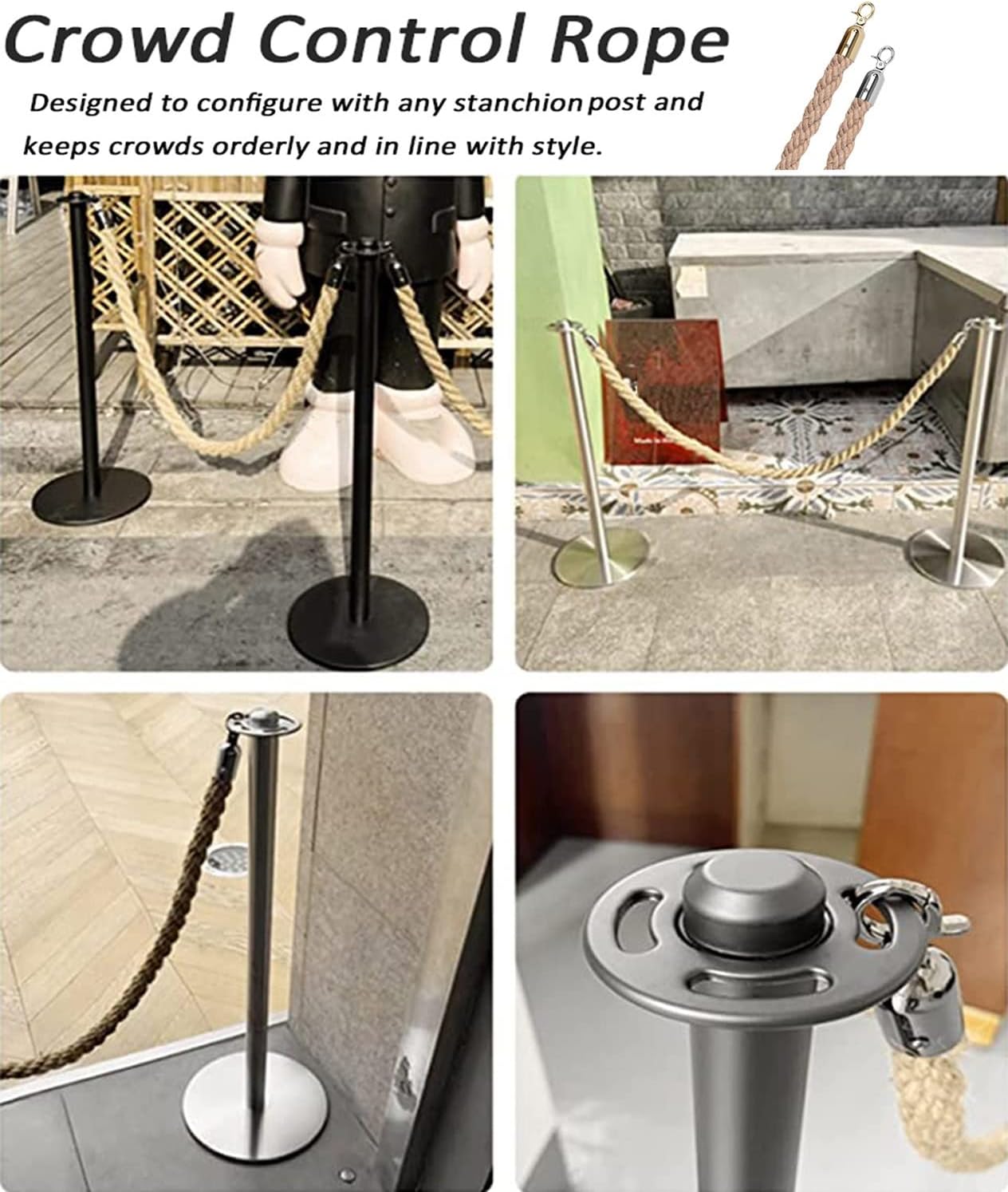 Queue Divider Hemp Braided Rope Queue Barrier Ropes for Crowd Control, 3/4/5/8/10Ft Queue Divider for Stanchion Posts Queue Pole, Rope Safety Barrier with Polished Snaps, Crowd Control Hanging Rope (