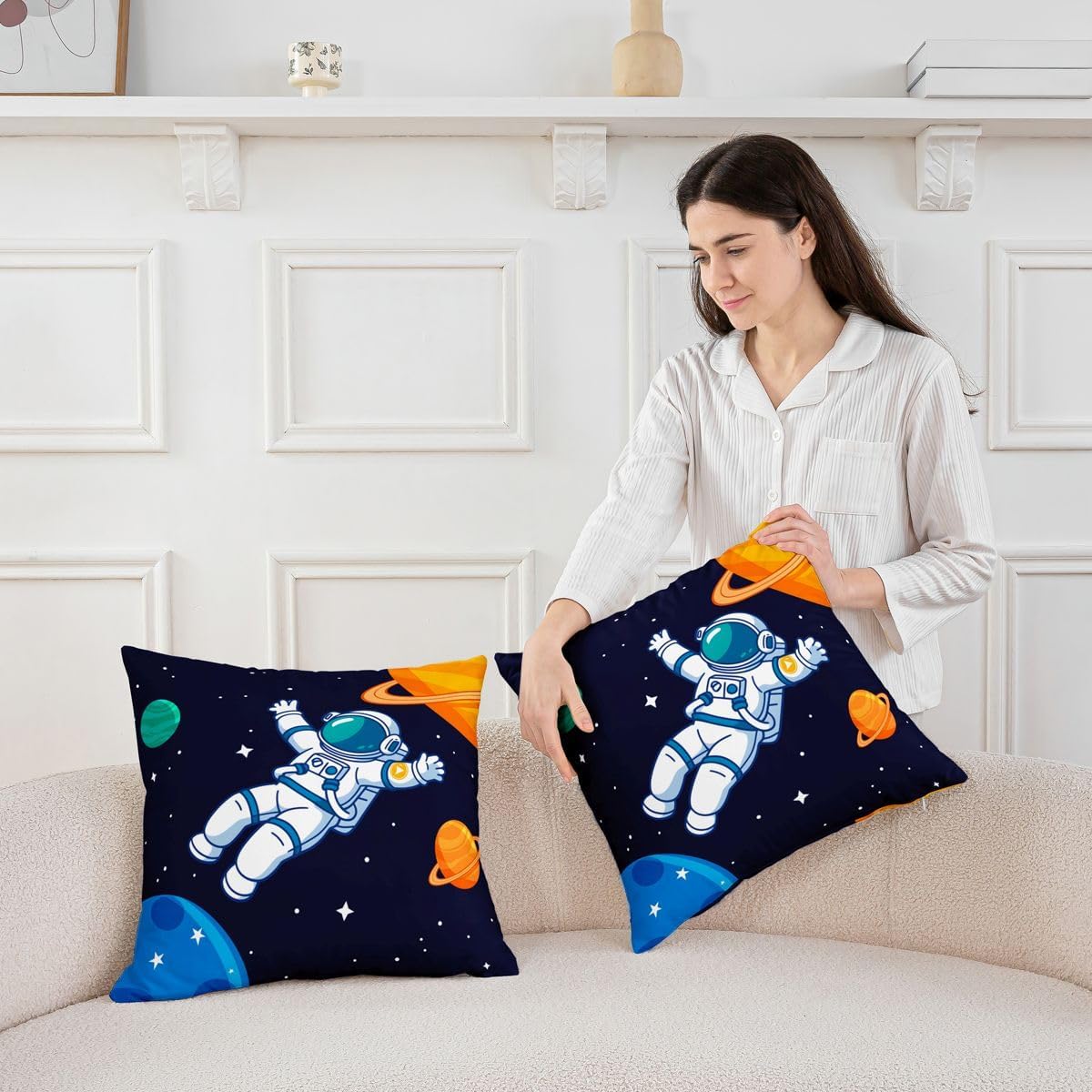 Manfei Floating Astronaut Throw Pillow Cover Galaxy Star Themed Double-Sided Pillow Case Bedroom Living Room Cute Planet Cartoon Cushion Cover for Bed Couch Soft Pillowcases,16x16 Inches Space 1 image 3