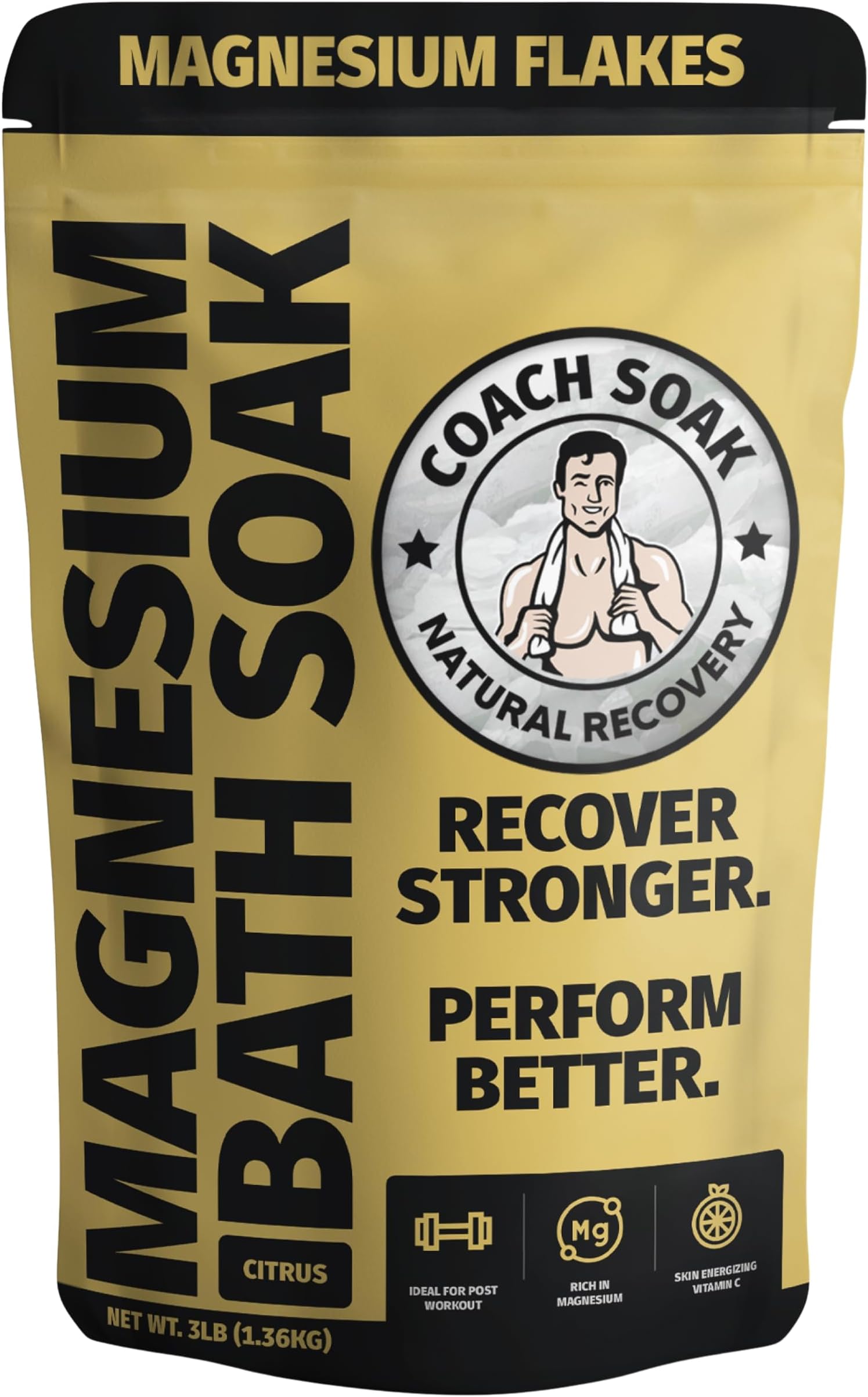 Coach Soak Recovery Bath Soak - Alternative to Epsom Salt Bath Soak - Fast-Absorbing Pure Magnesium Flakes & Dead Sea Salt with 21 Minerals, Bath Salts & Essential Oils - 3 lb, Energizing Citrus