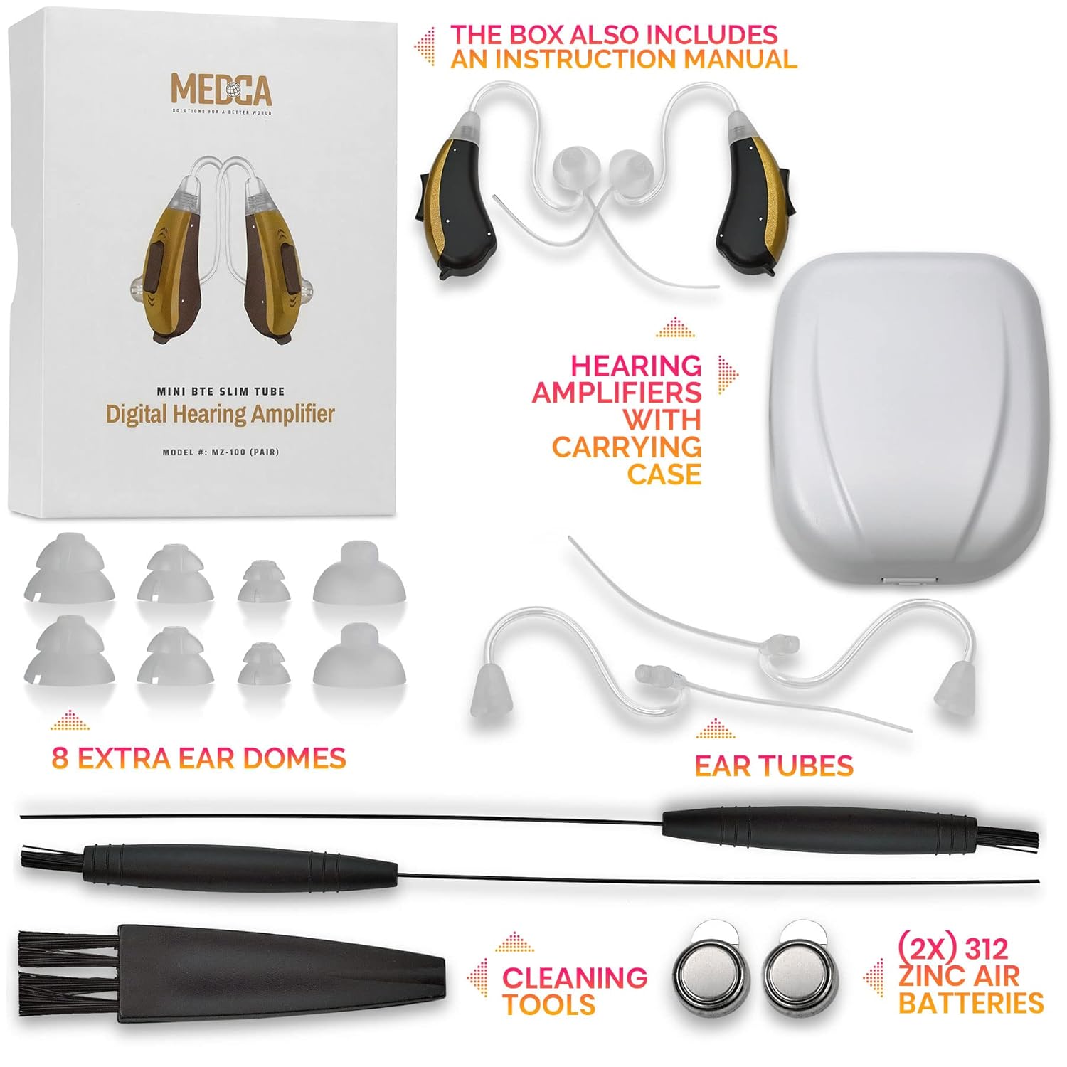 Contents of the MEDca MZ-100 package including two hearing amplifiers, a carrying case, ear domes, cleaning tools, and batteries.