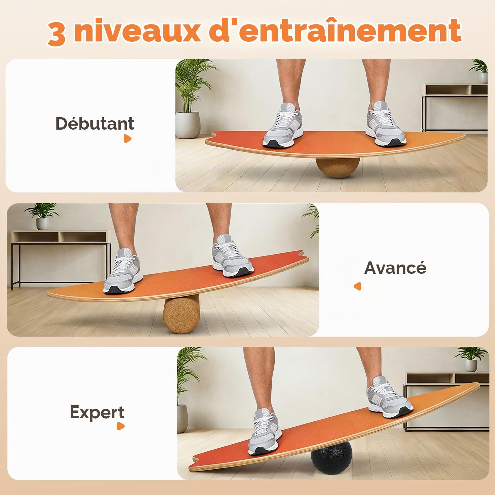 Planche d'Équilibre pour Adultes,Balance Board avec Rouleau et Balle en Liège, Antidérapant pour Gainage, pour Surf, Ski, Yoga, Rééducation, Capacité 200kg- Orange