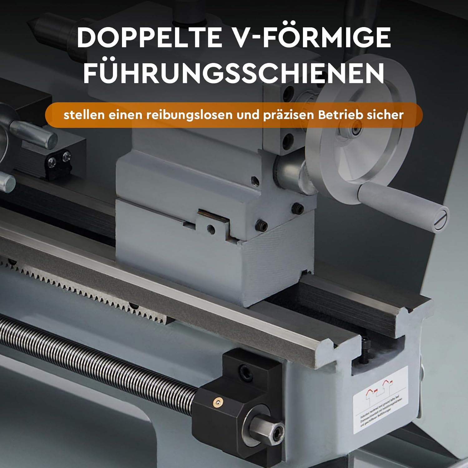 Close-up of the double V-shaped guide rails on the lathe bed