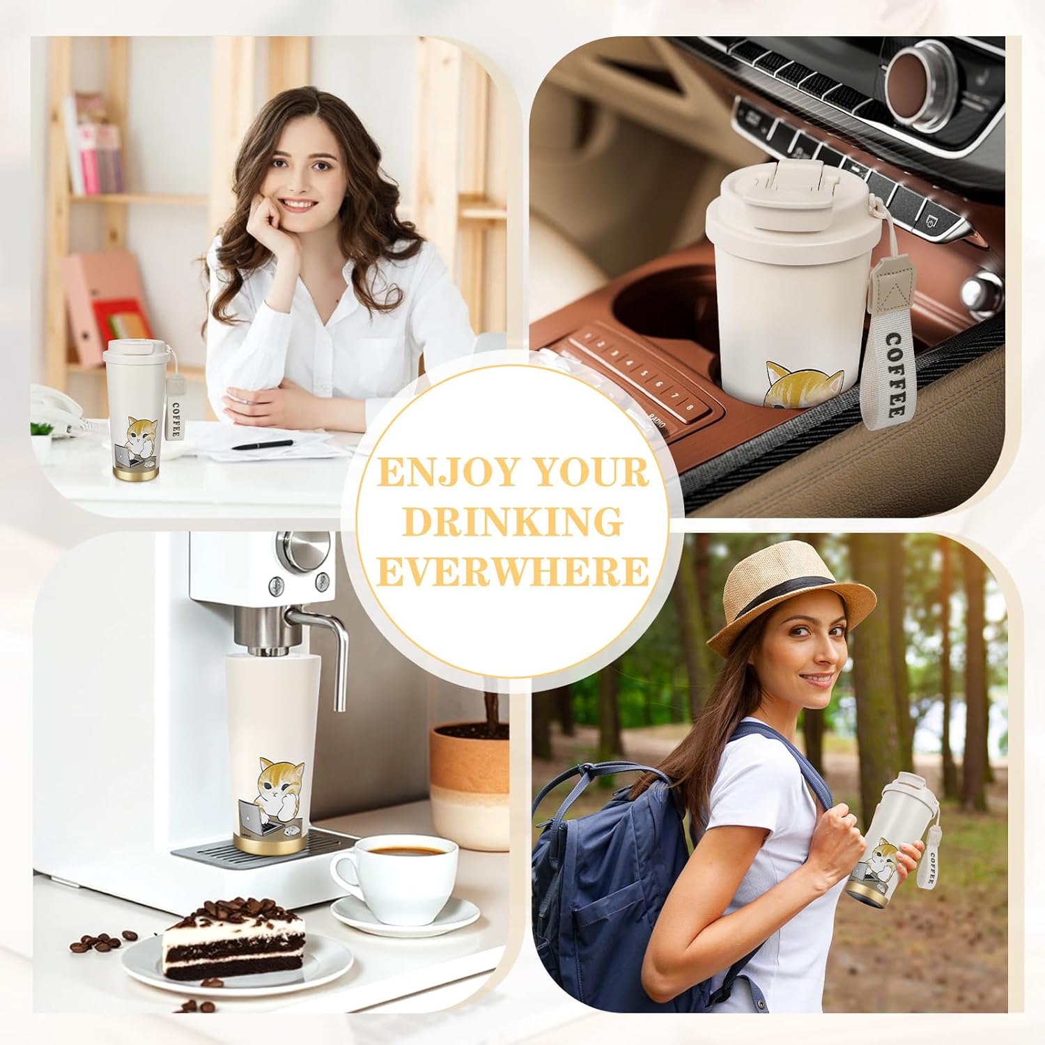 Insulated Tumbler With Lid And Straw, Stainless Steel Cat Coffee Tumbler 16 Oz, Travel Ceramic Lined Coffee Tumbler, Double Wall Vacuum Leak Proof Mug For Office School Party Camping (Working Cat) - Image 7