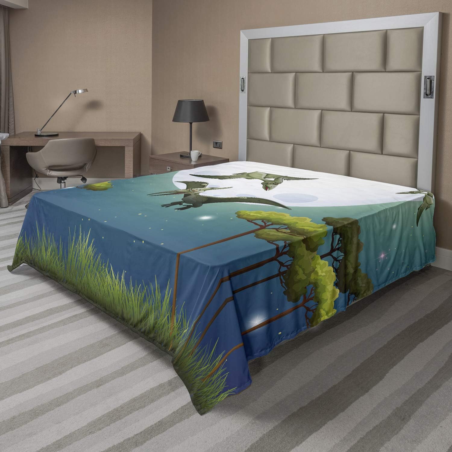 Ambesonne Dinosaur Flat Sheet, Cartoon Style Dinosaurs Flying on Full Moon Night Enchanted Forest, Soft and Comfortable Top Sheet Decorative Bedding 1 Piece, Full Size, Green White Blue