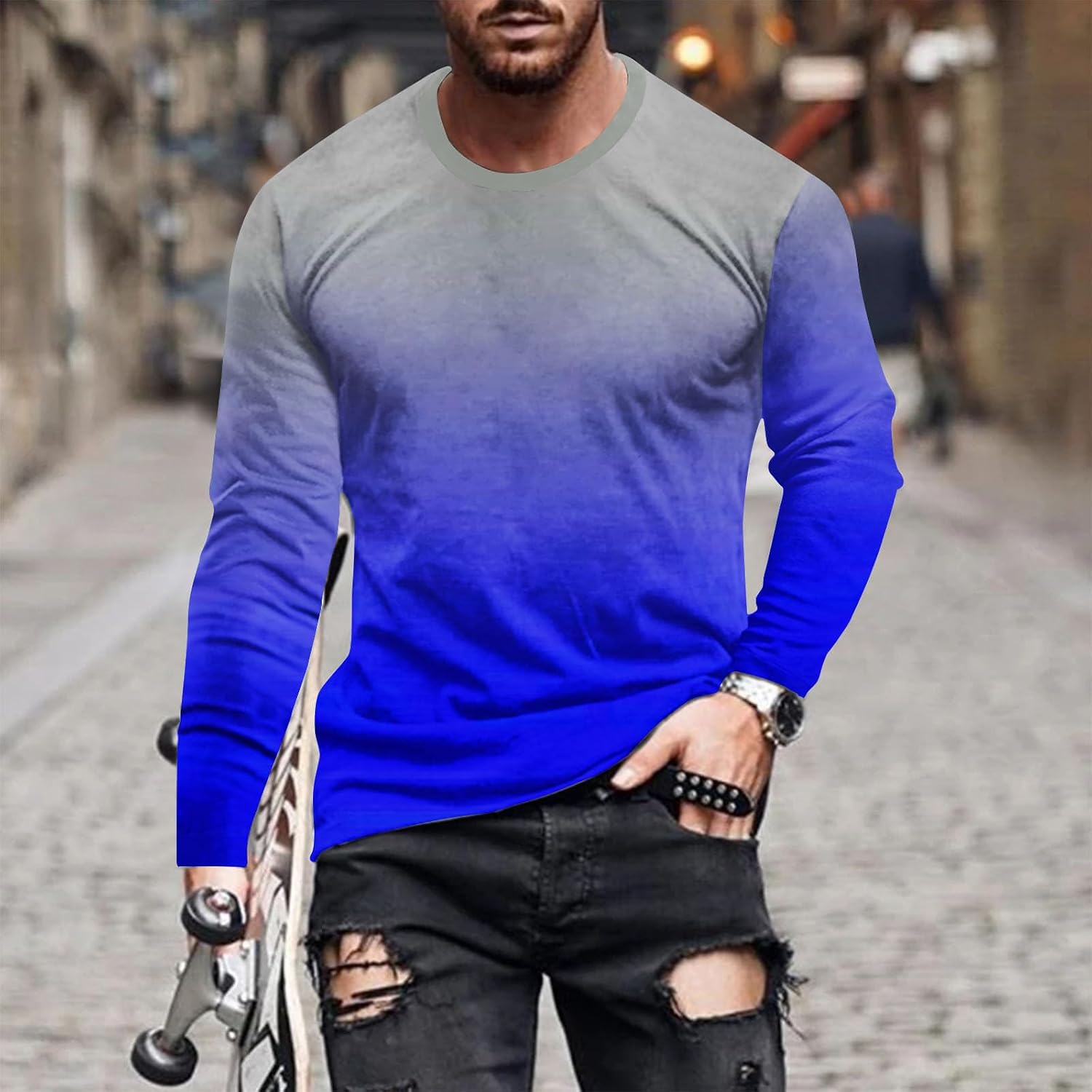 Gradient Long Sleeve T Shirt for Men Fashion Ombre Crew Neck Pullover Tops Lightweight Athletic Stylish Streetwear Tee