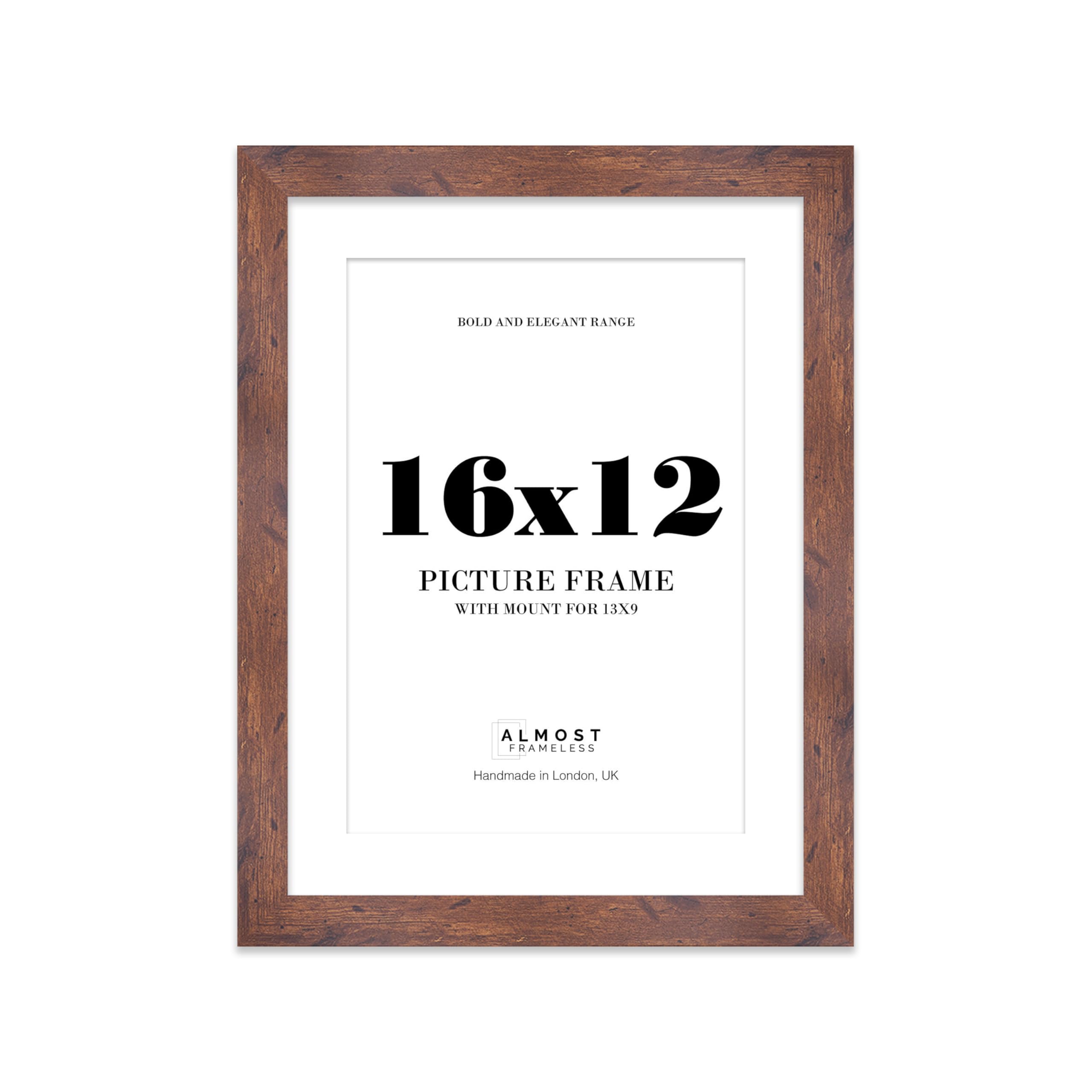 16x12 Rustic Wood Frame With Mount for 13x9 Pictures 28mm Edge Portrait and Landscape Display with Wall Hooks, 1 Pack