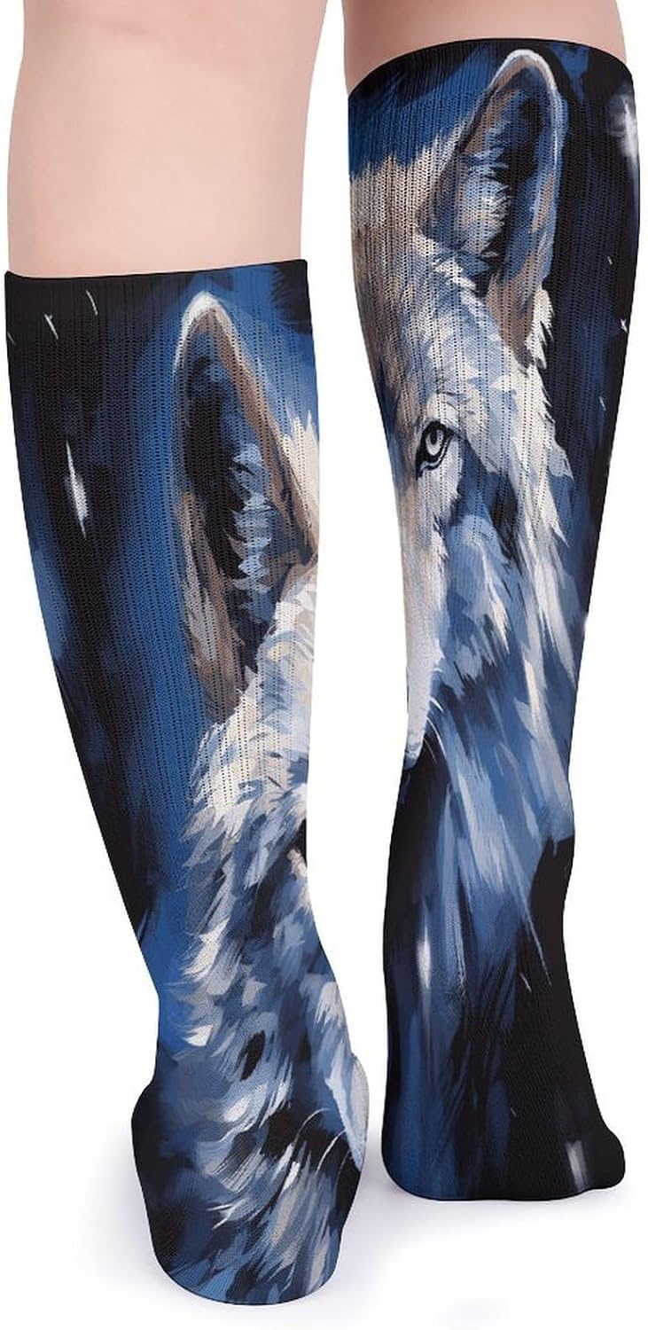 Wolf Head on Blue Background Knee High Socks Cozy Knee High Socks Soft Mid-Length Sock for All Seasons Daily Wear Adult