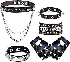 Bettinay 5 Pcs Emo Accessories Set, Goth Choker Studded Bracelet Punk Fingerless Leather Gloves for Woman Man Fancy Dress Halloween