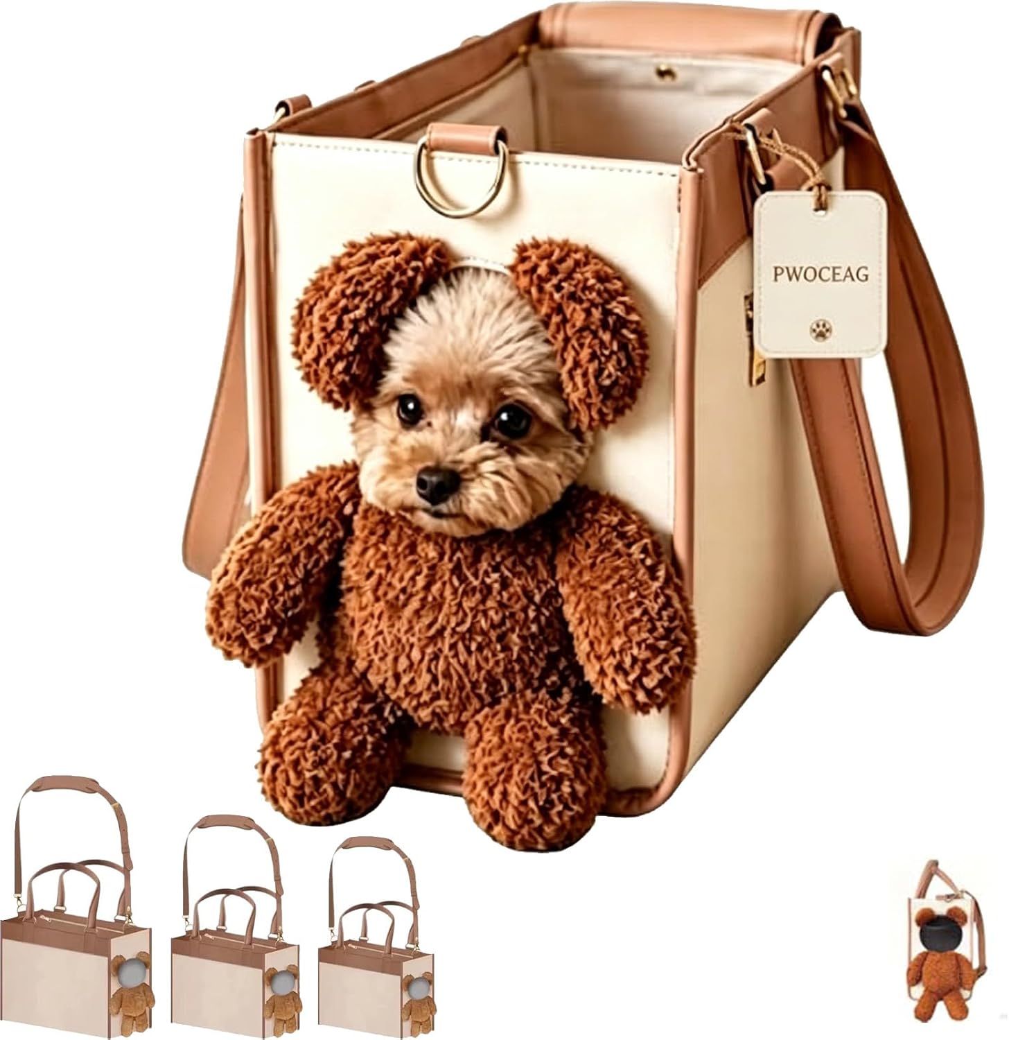 Puppy Tote Bag, Dog Carrier Tote, Dog Tote Bag Carrier, Teddy Bear Dog Carrier Bag, 2 in 1 Multifunctional Pet Handbag with Plush Furry Ears for Small Dogs Cats Portable Travel Tote (Large)