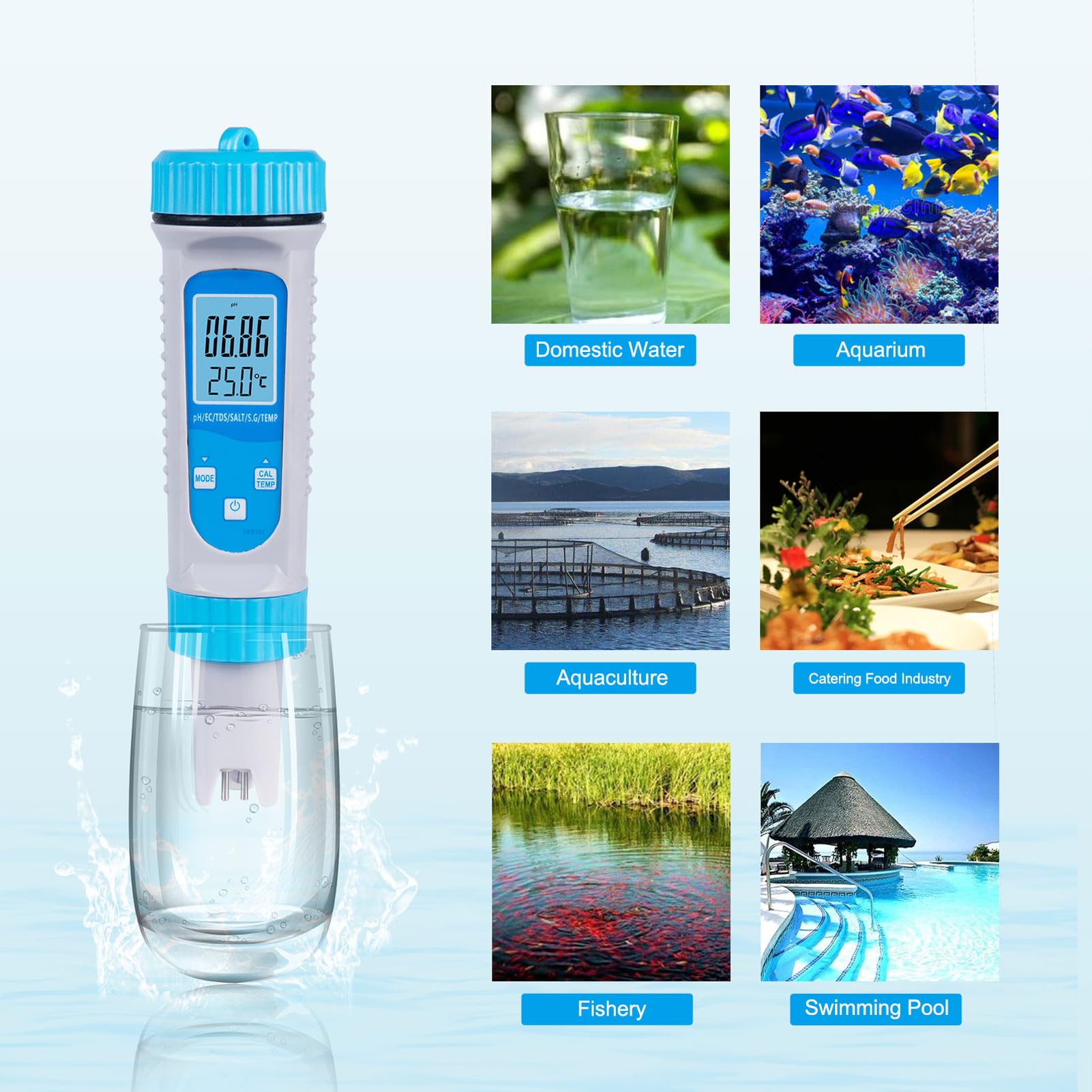 Testeur d'eau Intelligent PH-mètre, Résolution 0,01, Testeur d'eau Haute Précision, Testeur De Qualité De l'eau 6 en 1 PH EC TDS Salt S.G Temp Type De Stylo Testeur d'eau Numérique