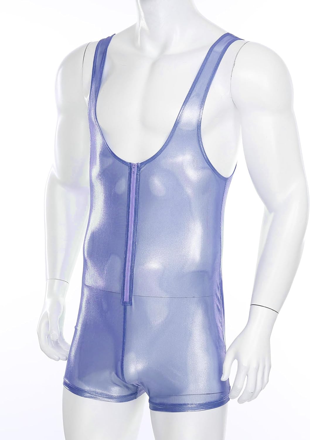 FEESHOW Men's Shimmering See Through Bodysuit Front Zipper One Piece Shorts Jumpsuit for Parties