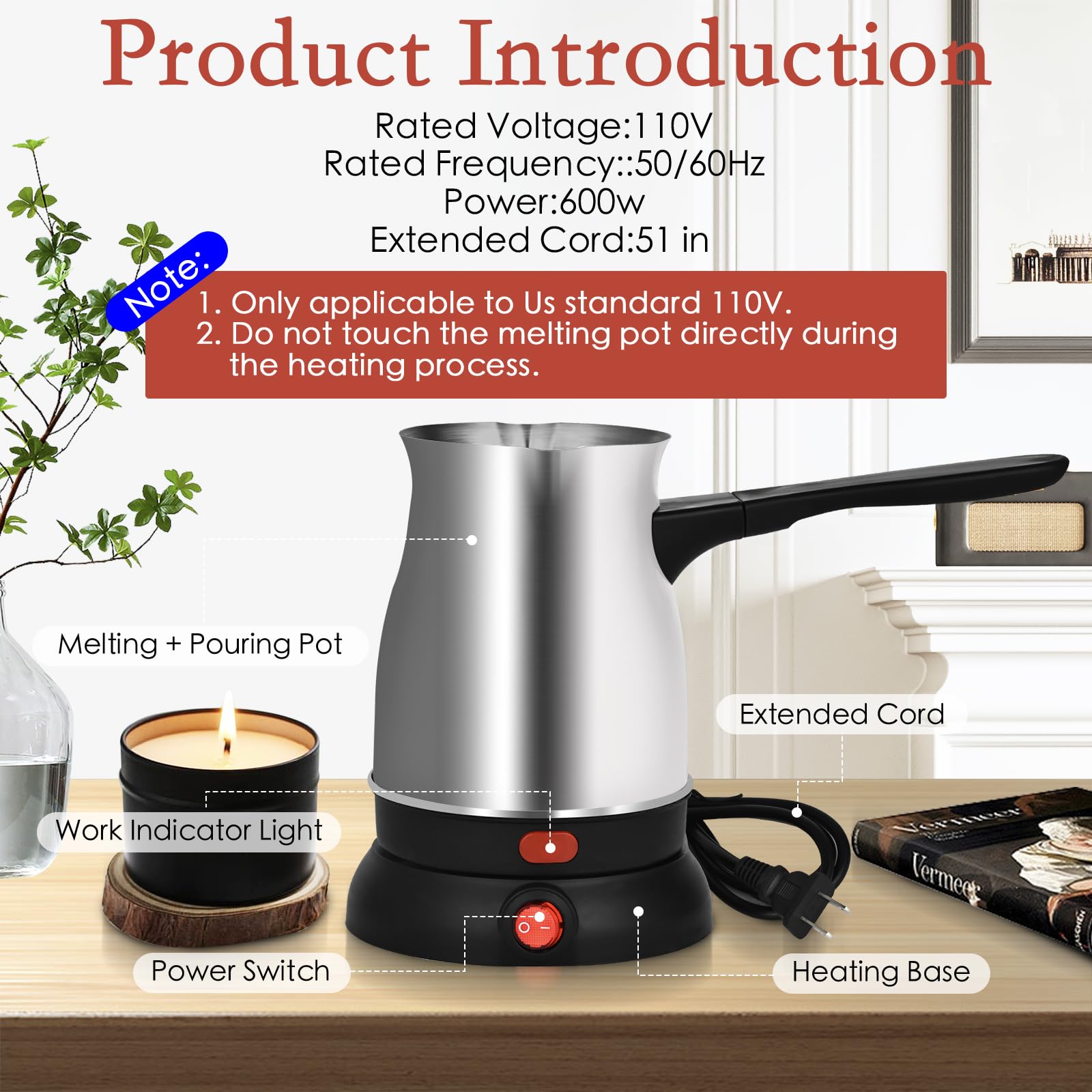 TOKPELA Wax Melter for Candle Making, Stainless Steel Electric Candle Wax Melter, Double Pouring Spout Candle Wax Melting Pot with 51IN Cord and Hot Plate, Candle Making Pot Kit for Beginners - Image 5