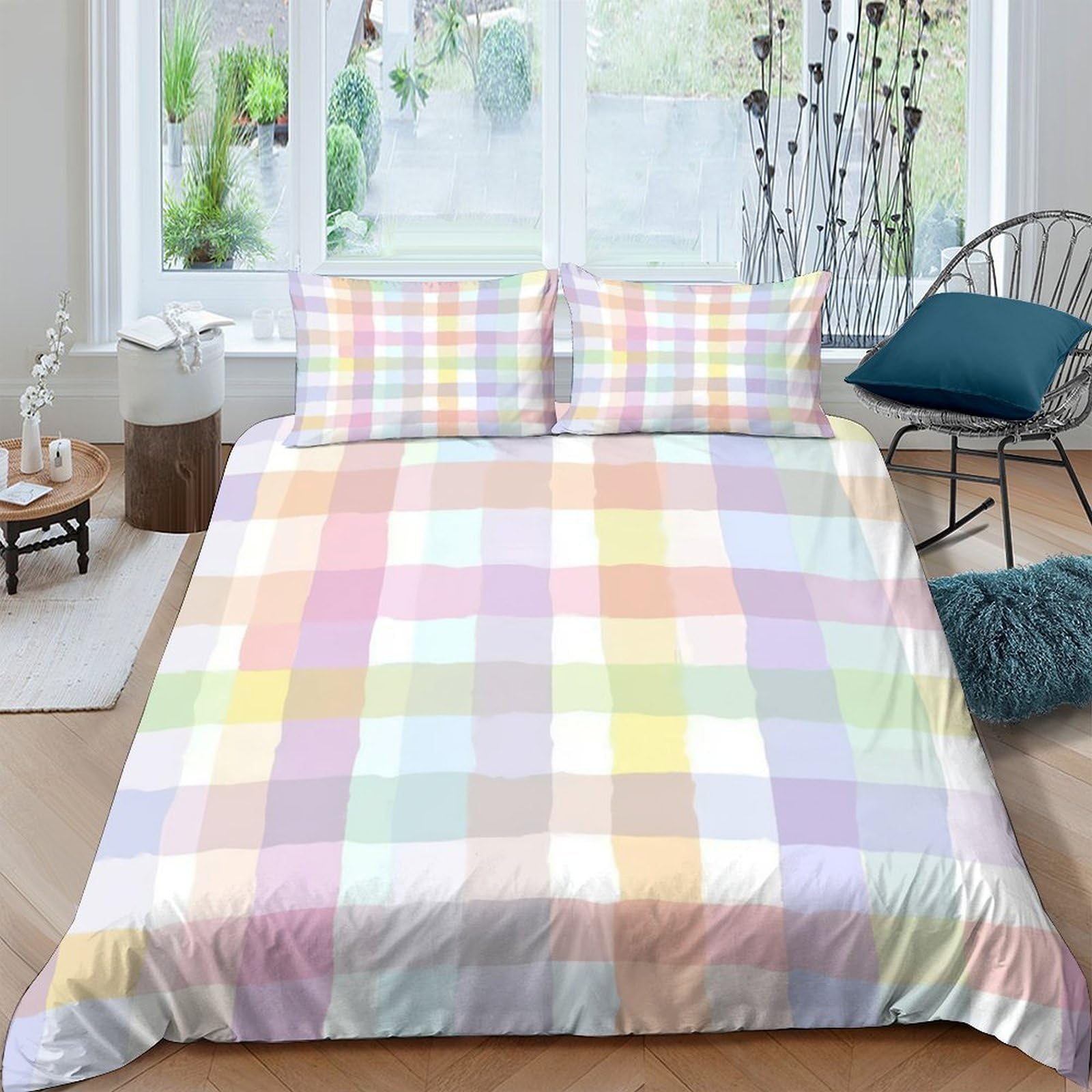 Ctjqhvkz Style-4 3D Printed Pastel Plaid Fitted Sheet Microfiber Soft Washable Color Block Bed Cover For Bedroom Dorm Mattress Protection Single（135X200cm）