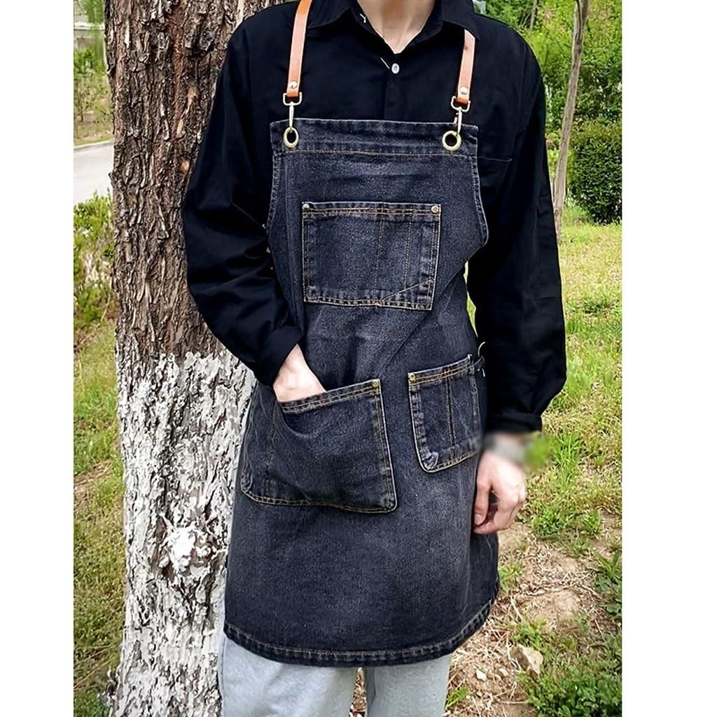 Delantal de Servidor Delantales para Cocinar Delantal de cocina de mezclilla for hombre, ropa de trabajo, barbero, tienda de té de la leche, restaurante, camarero, delantal artístico femenino Delantal