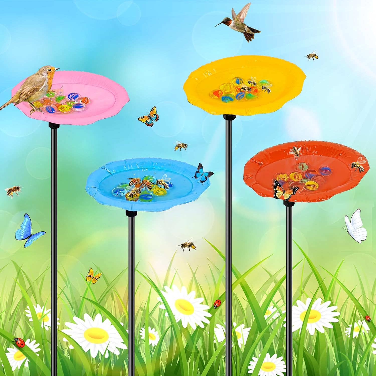 Metal Bee Watering Station for Outside, 4Pack Butterfly Water Feeder with Glass Marbles, Butterfly Bath Garden Stake for Outdoor Garden Yard Patio Decor (Colourful-A)