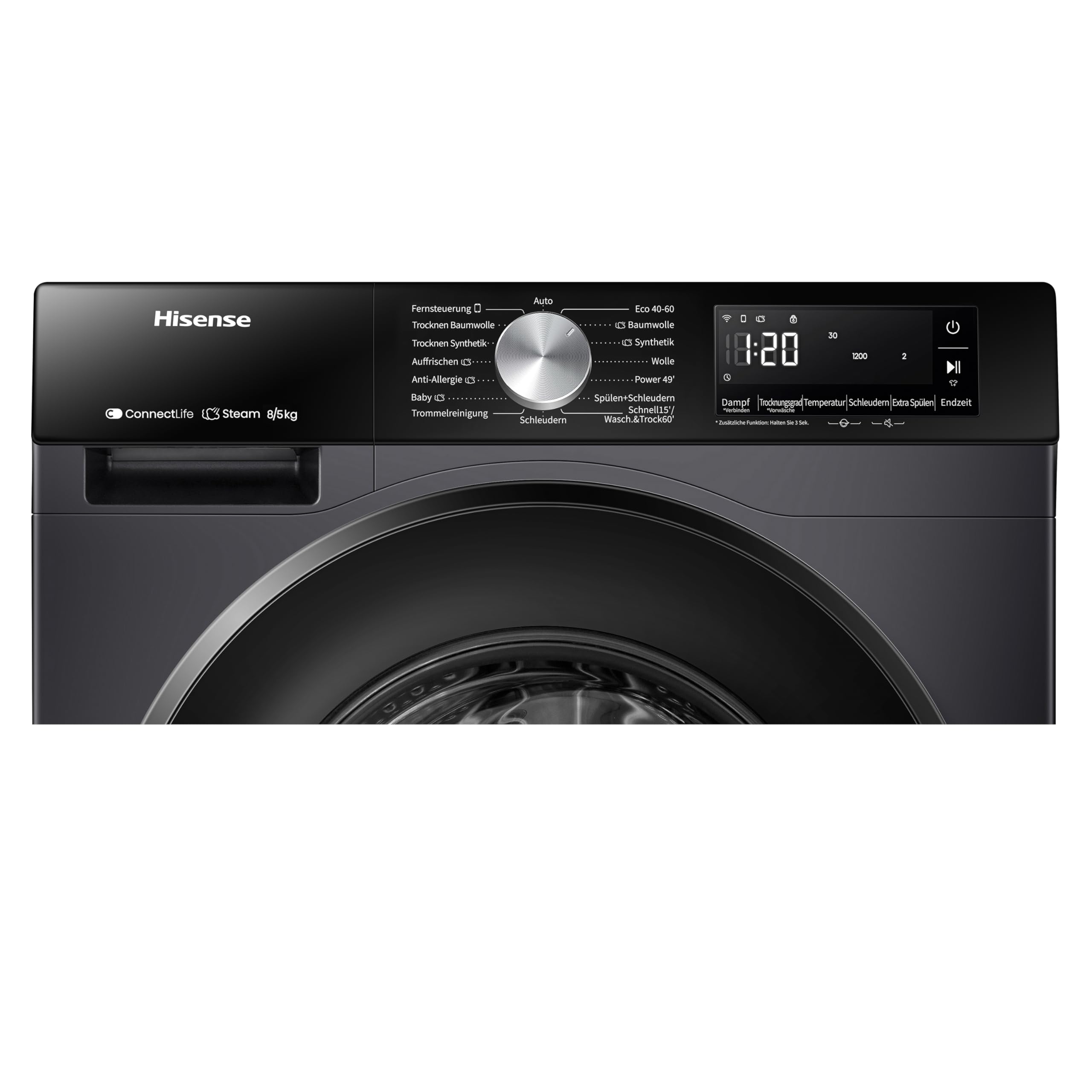 Hinsense WD3S8043BB3 Waschtrockner 8 kg 1400 U/min Dampffunktion JetWash Anti-Allergie Schwarz