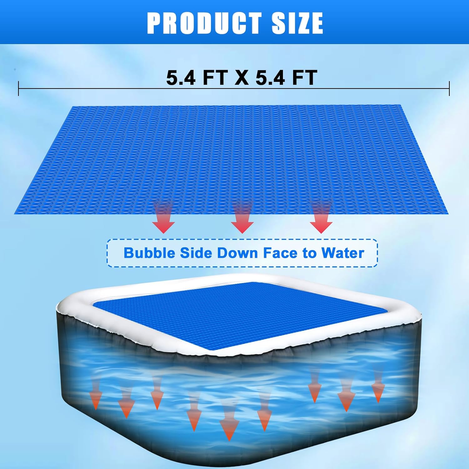 Solar Bubble Hot Tub Spa Cover for 5.4 x 5.4 FT Square Inflatable Swimming Pool Blanket Thermal Floating Insulation 16 Mil Bubble Solar Covers for Indoor Outdoor Spa Hot Tub Wrap Covers