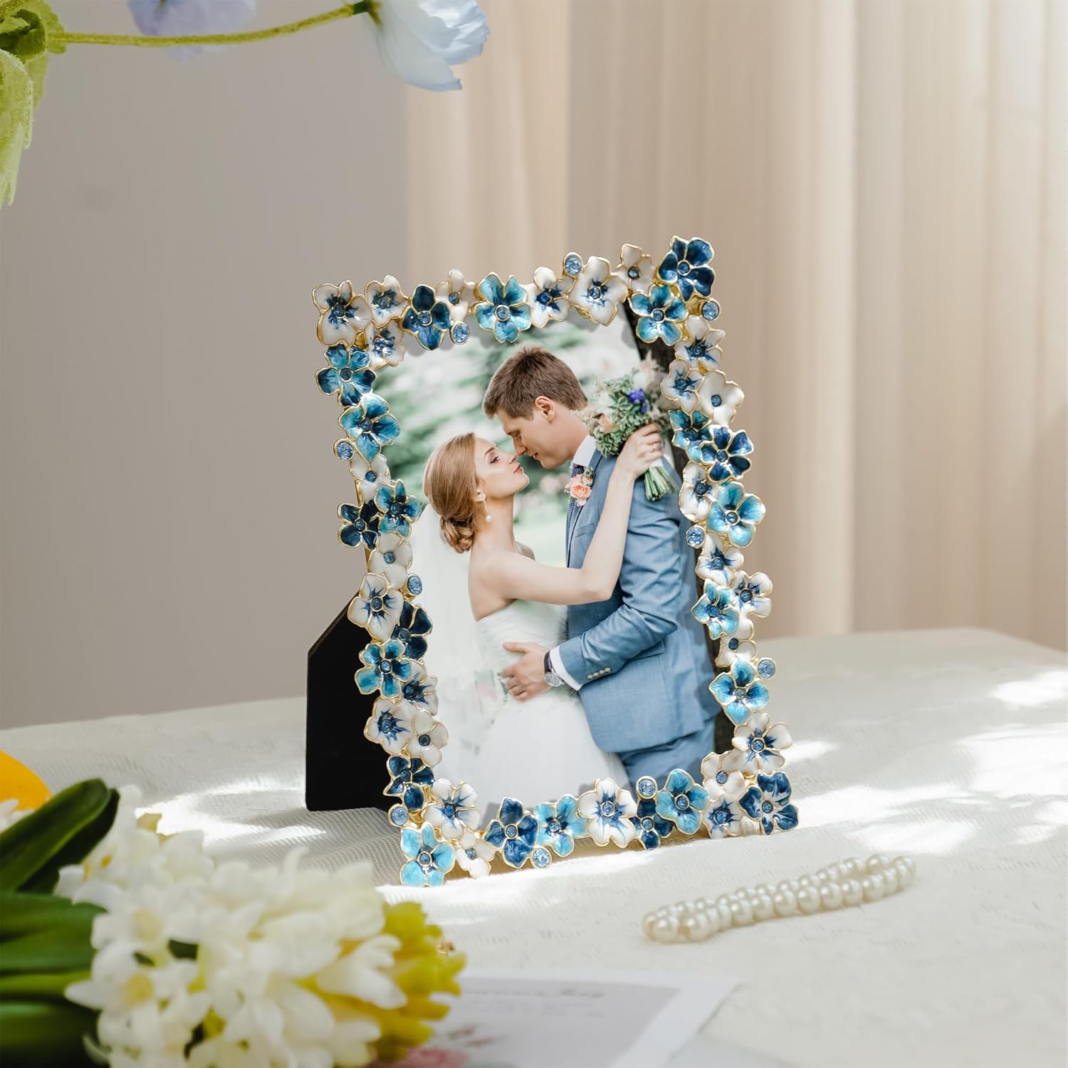 Blue Flower Picture Frame 4x6 Blossom Photo Frame for Tabletop Display, Decorative Flower Design Home Decor