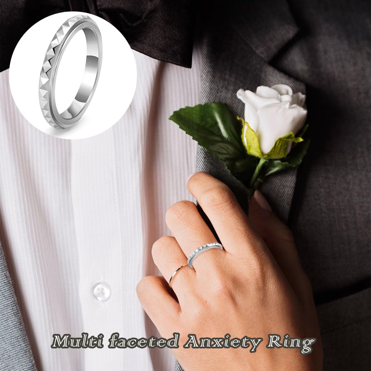 Anillos de ansiedad de acero de titanio de 0.118 pulgadas para mujeres y hombres, anillos multifacéticos para ansiedad, anillos giratorios de rombos para aliviar el estrés, ajuste cómodo para 3