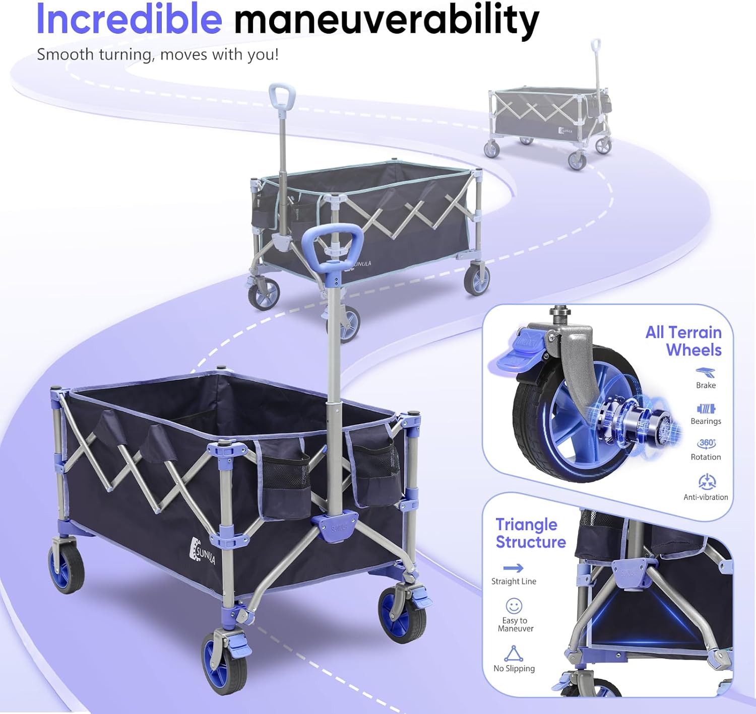 Collapsible Foldable Wagon Cart with 330lbs Weight Capacity, Heavy Duty Folding Wagon Cart with Big All-Terrain Wheels & Drink Holders. Blue