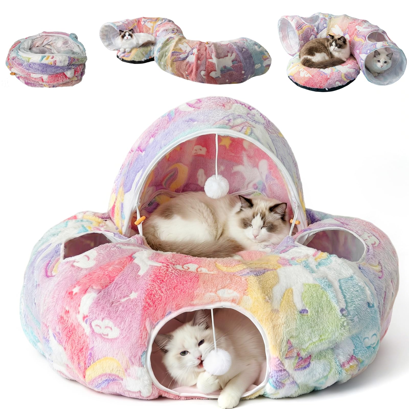 Katzenbett mit Leuchtfunktion, XXL Plüsch Katzentunnel mit Ball, Große Rascheltunnel Katzenhöhle Katzenspielzeug für Katzen Kaninchenoder Welpen