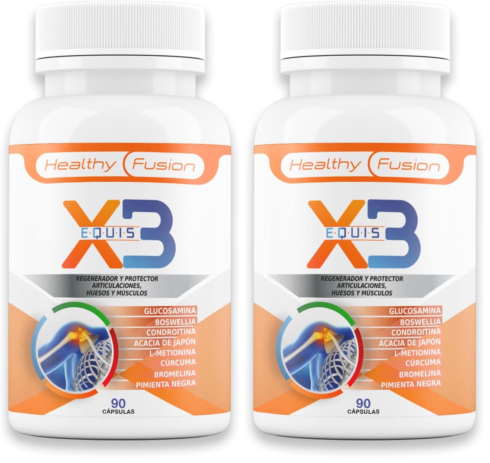 Healthy Fusion X3 Cúrcuma con Glucosamina y Condroitina | Potente antiinflamatorio Y analgésico natural | Elimina el dolor en músculos | Articulaciones y huesos | 90 Cáps (Paquete de 2)