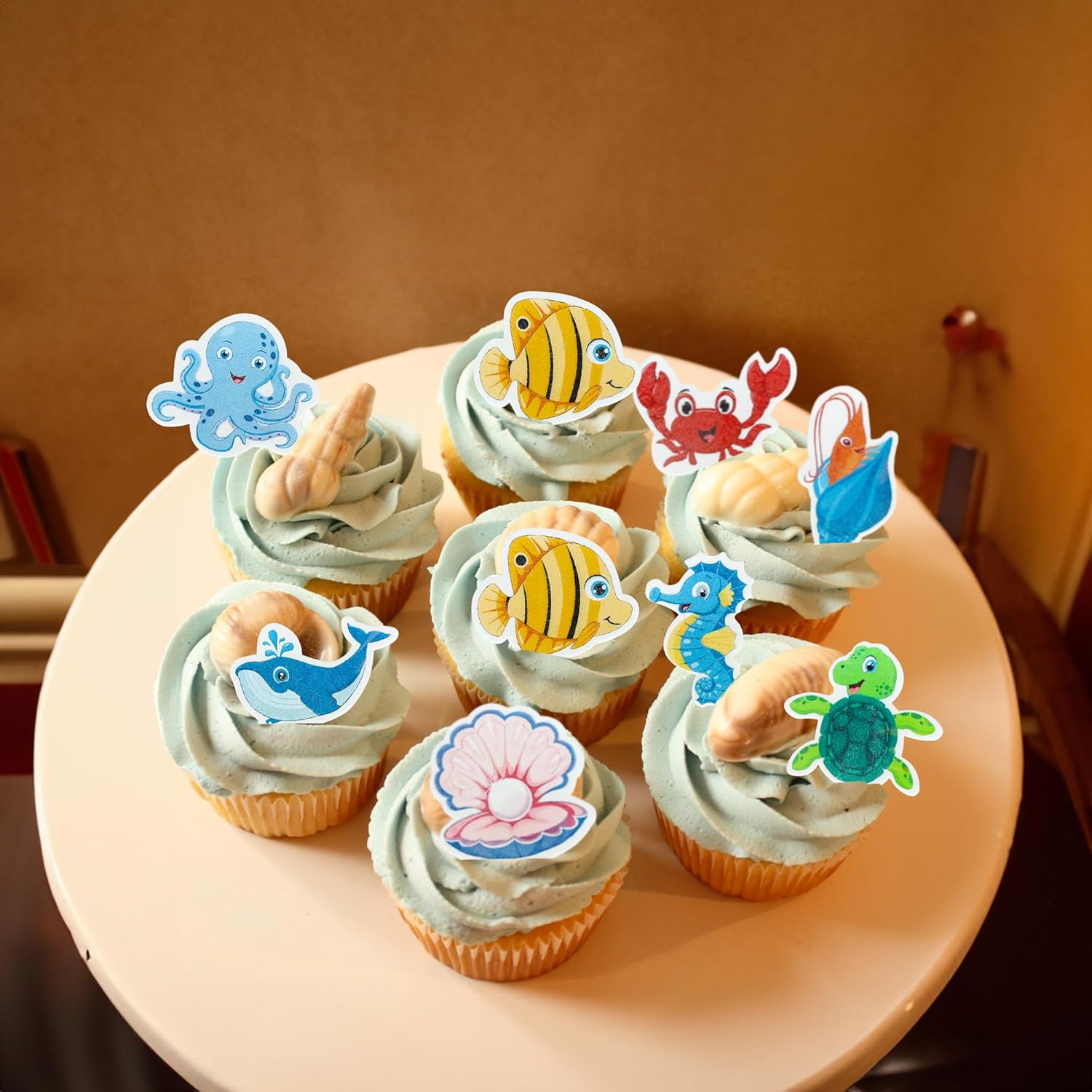 Gyufise 56Pcs Edible Ocean Animal Cupcake Toppers Sea Ocean Theme Birthday Cake Decorations Turtles Octopus Seahorse Cupcake Picks for Under the Sea Theme Baby Shower Birthday Party Decorations - Image 6