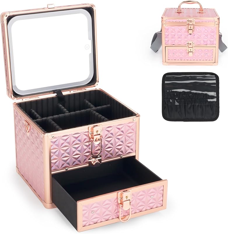 Maleta de maquiagem HAISKY com gaveta, espelho LED removível e divisórias ajustáveis, Sparkling Pink, 1 unidade