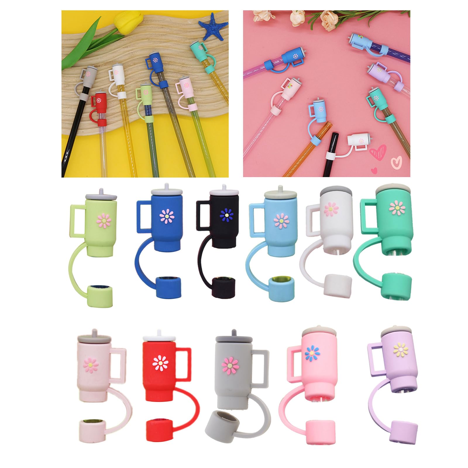 Flexible Flower Pattern Silicone Caps for 10mm Straws Reusable Drinking Straw Caps Reusable Dustproof Cute Straw Cover Straw Cover Caps Fit Silicone Reusable Straw Cover