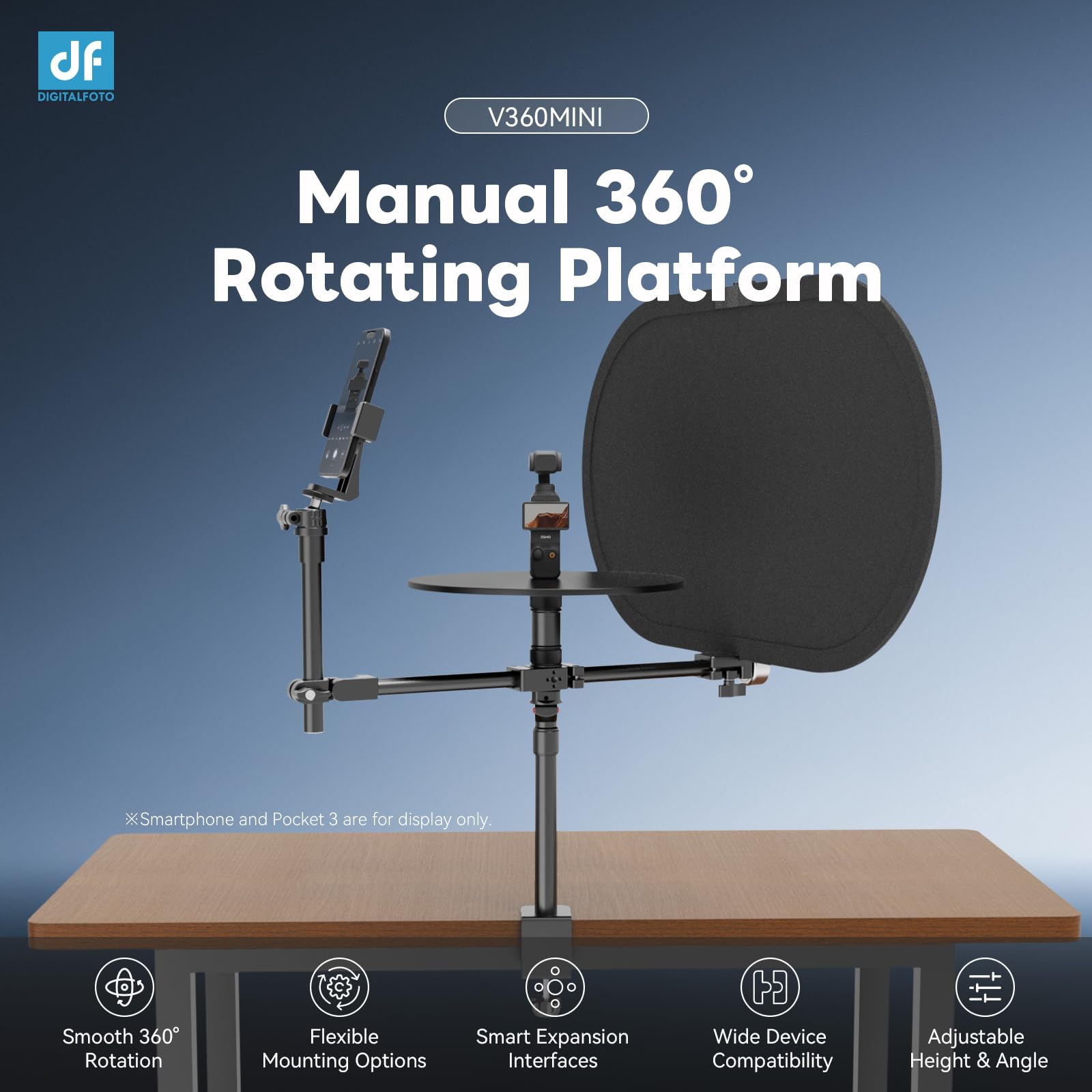 Plateforme Rotative 360° pour Photographie avec Fond, Plateau Tournant Modulaire pour Vidéo et Produits, Rotation Fluide à Double Roulement, pour Smartphone, DSLR et Hybride, Charge 5 kg – V360MINI
